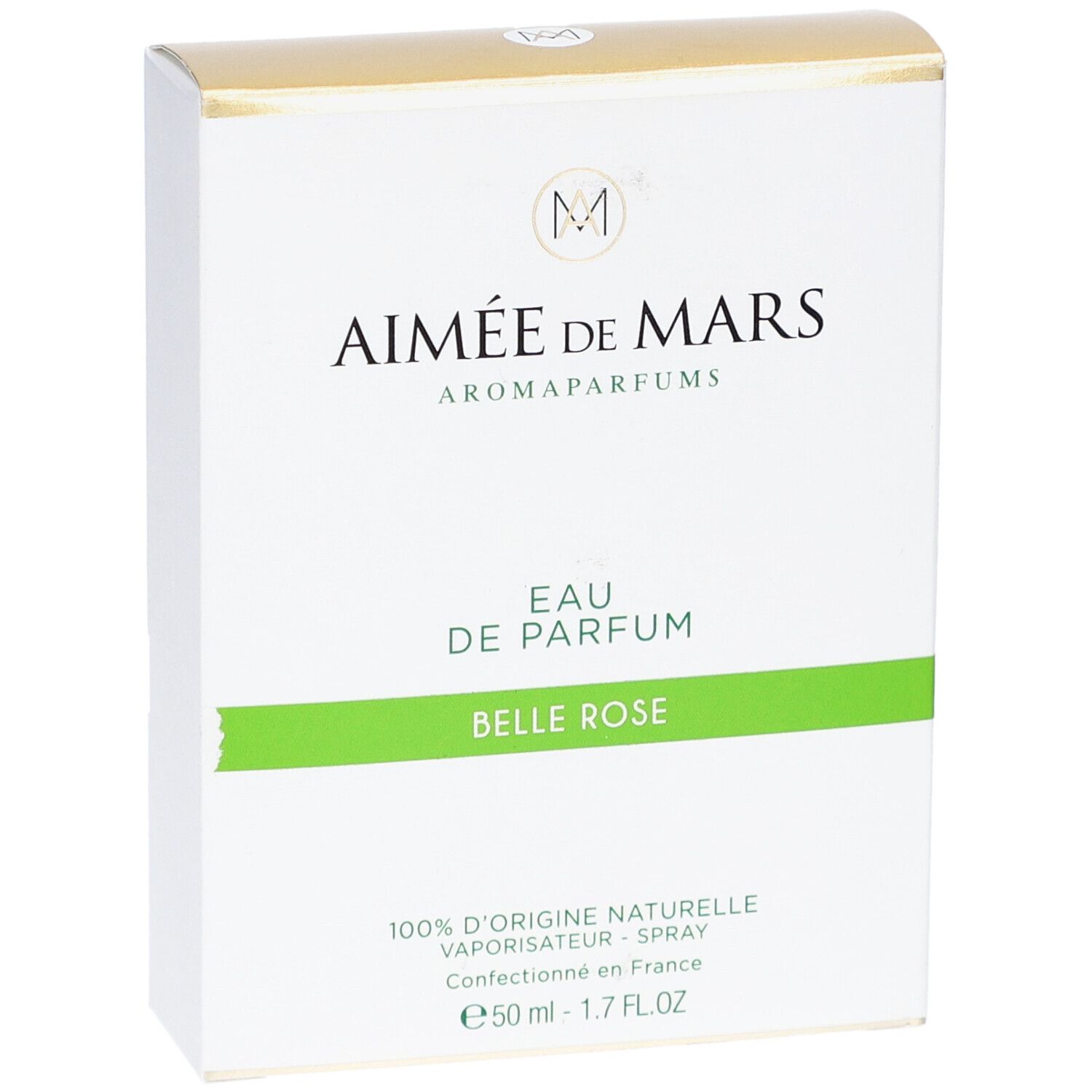 Witte doos met gouden bovenkant. Opschrift: Aimée de Mars, Eau de Parfum Belle Rose. Groene lijn.