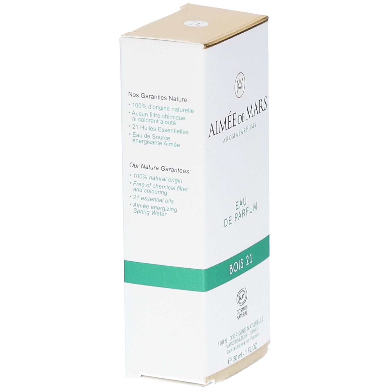 Witte doos met gouden bovenkant. Opschrift: Aimée de Mars, Eau de Parfum, Bois 21. Natuurlijke cosmetica.