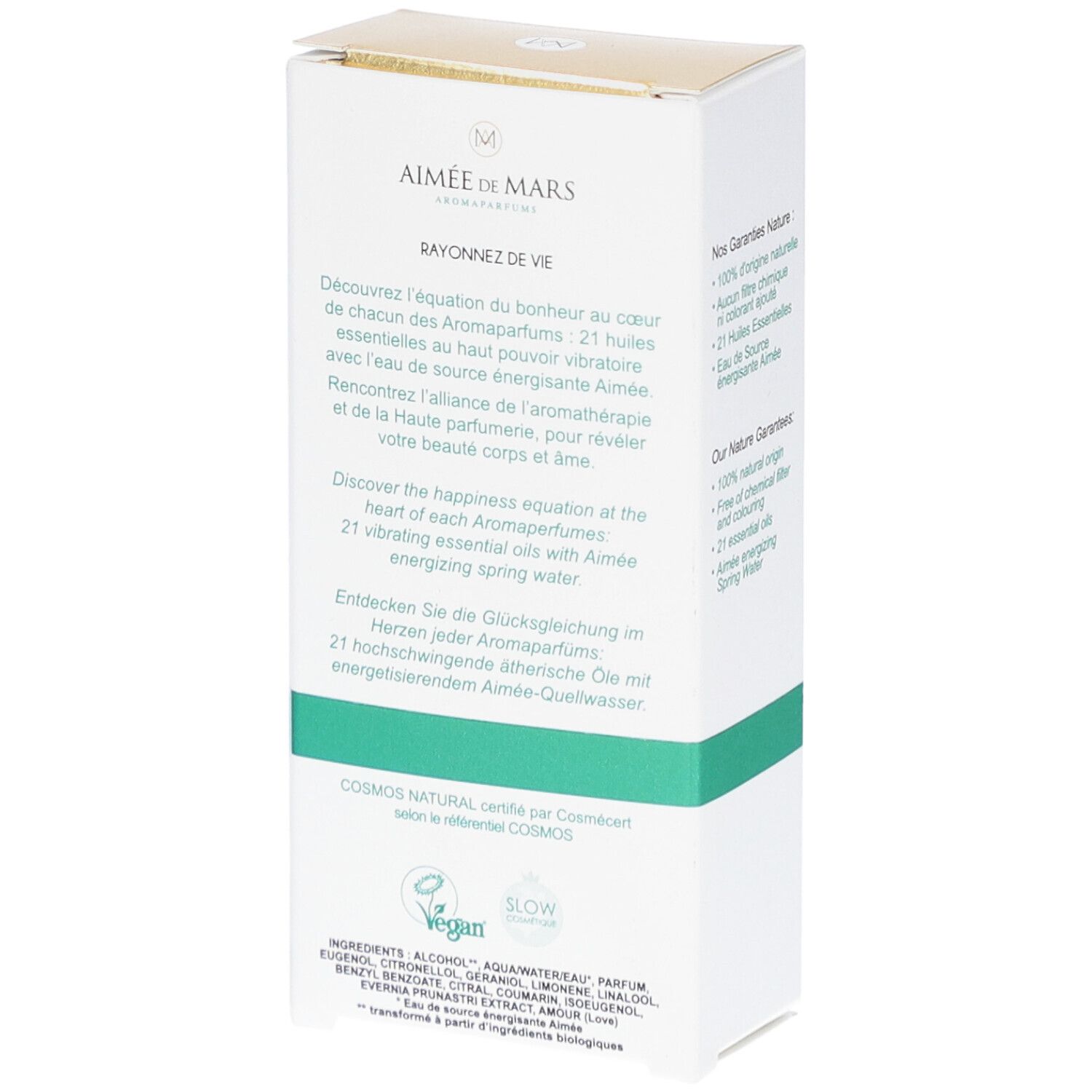 Witte doos met gouden bovenkant. Opschrift: Aimée de Mars, Eau de Parfum, Bois 21. Natuurlijke cosmetica.