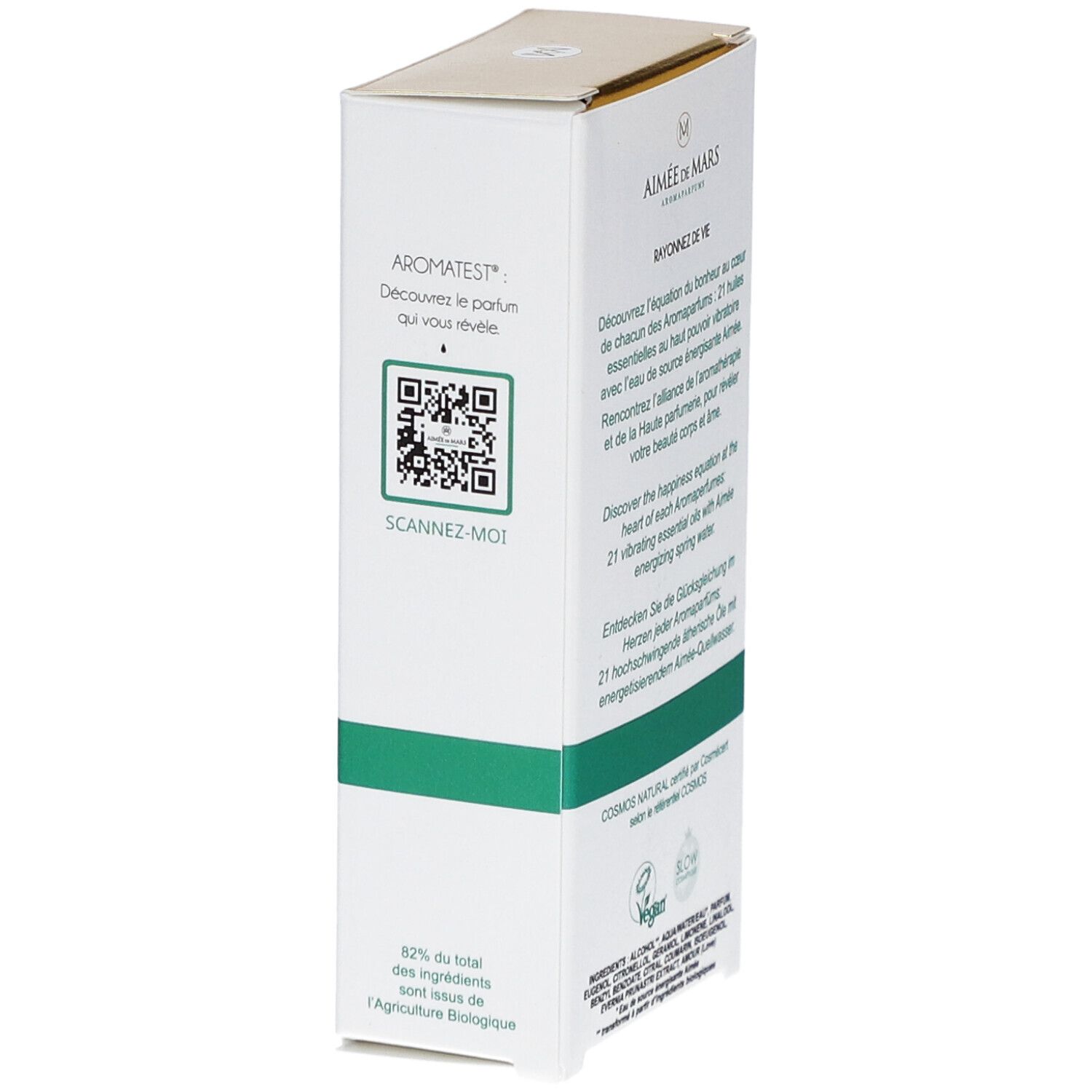 Witte doos met gouden bovenkant. Opschrift: Aimée de Mars, Eau de Parfum, Bois 21. Natuurlijke cosmetica.