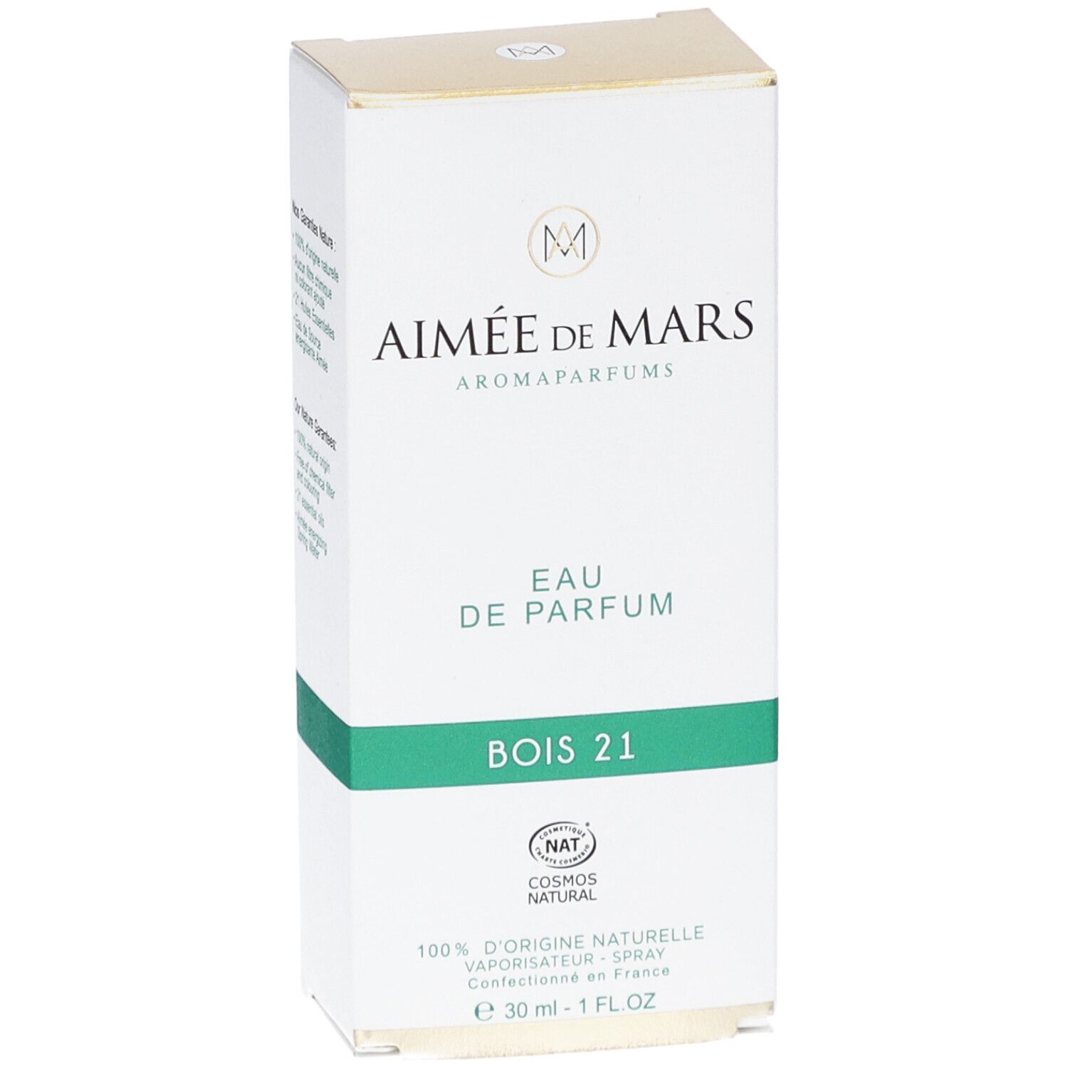 Witte doos met gouden bovenkant. Opschrift: Aimée de Mars, Eau de Parfum, Bois 21. Natuurlijke cosmetica.
