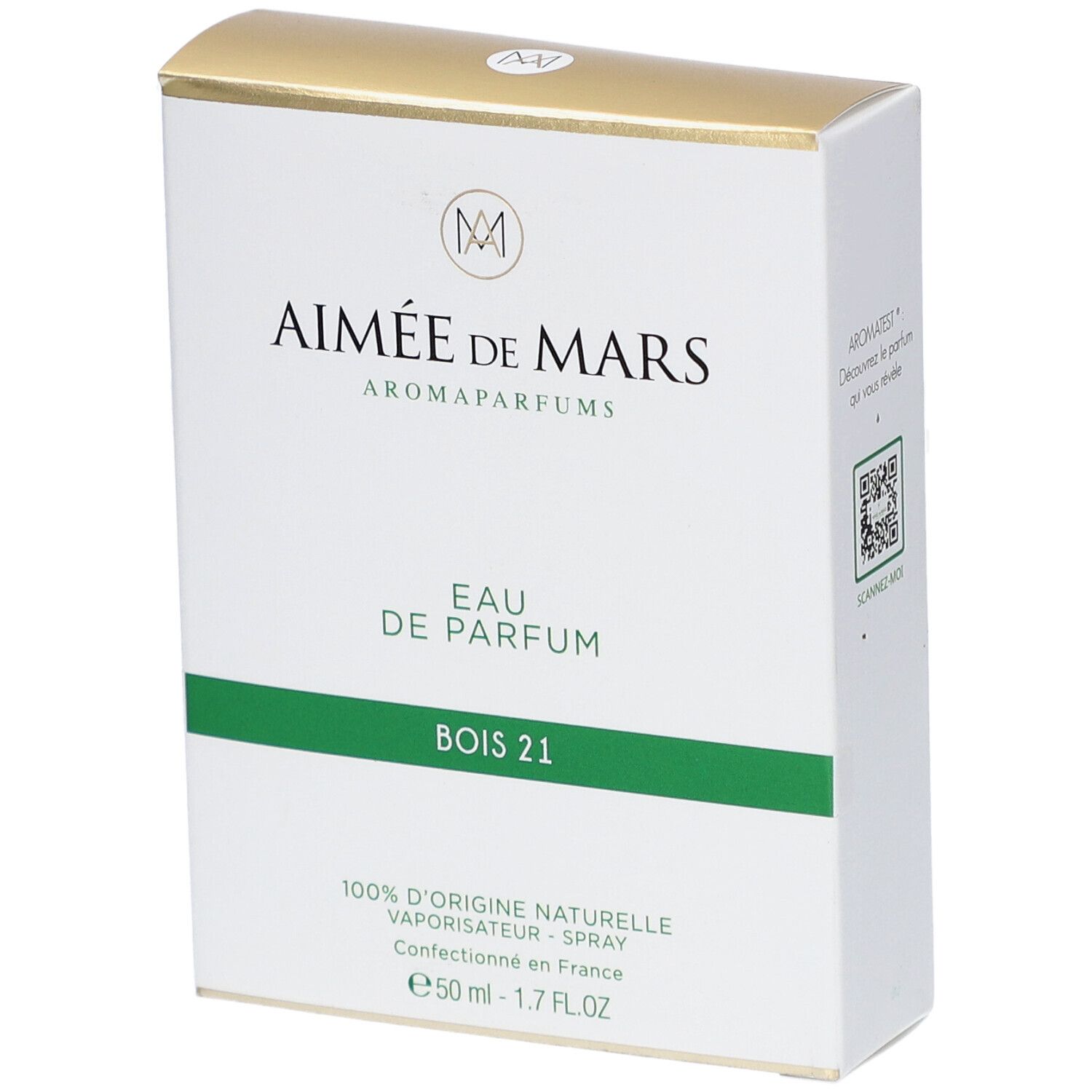 Witte doos met gouden bovenkant. Opschrift: Aimée de Mars, Eau de Parfum Bois 21. Groene lijn. 50 ml.