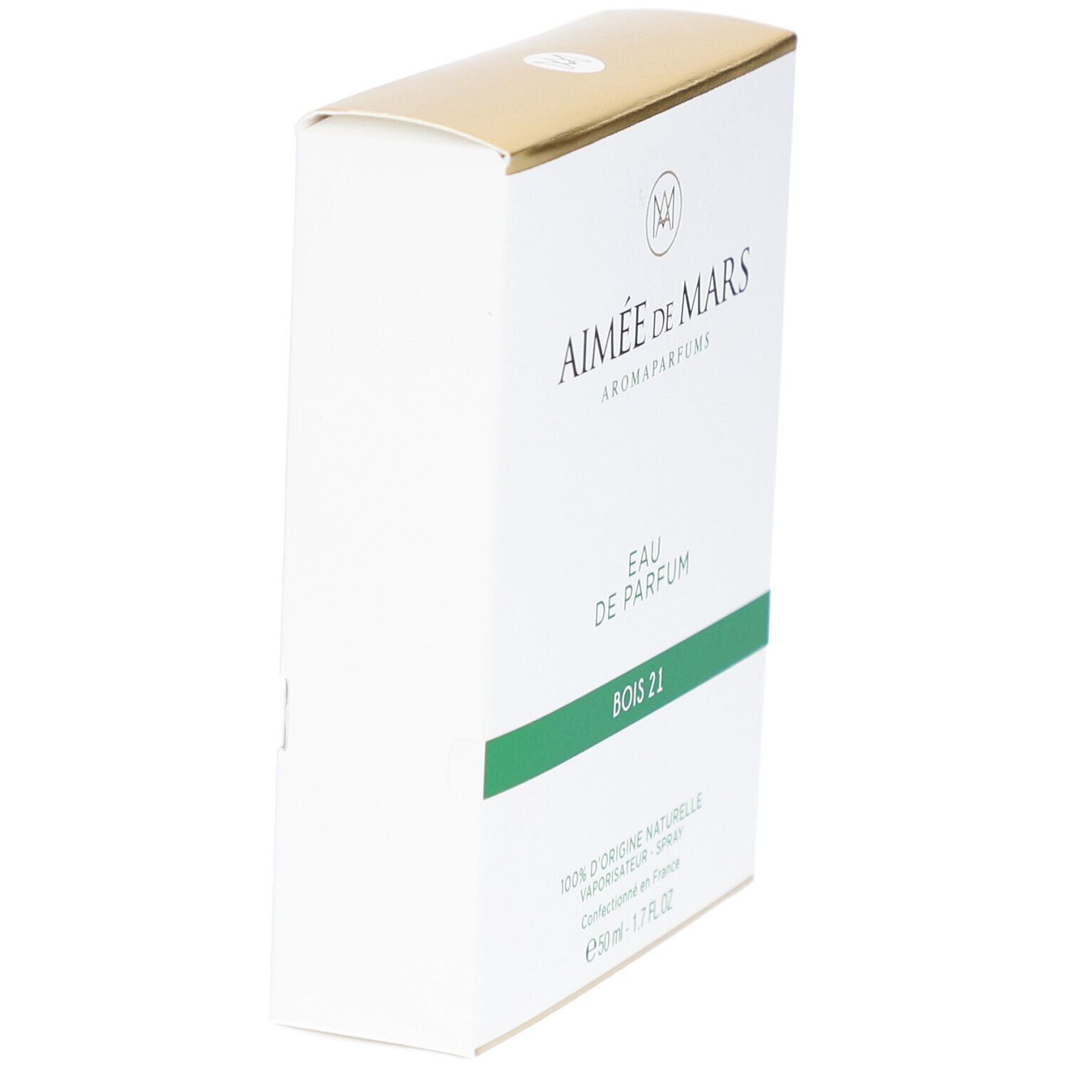 Witte doos met gouden bovenkant. Opschrift: Aimée de Mars, Eau de Parfum Bois 21. Groene lijn.