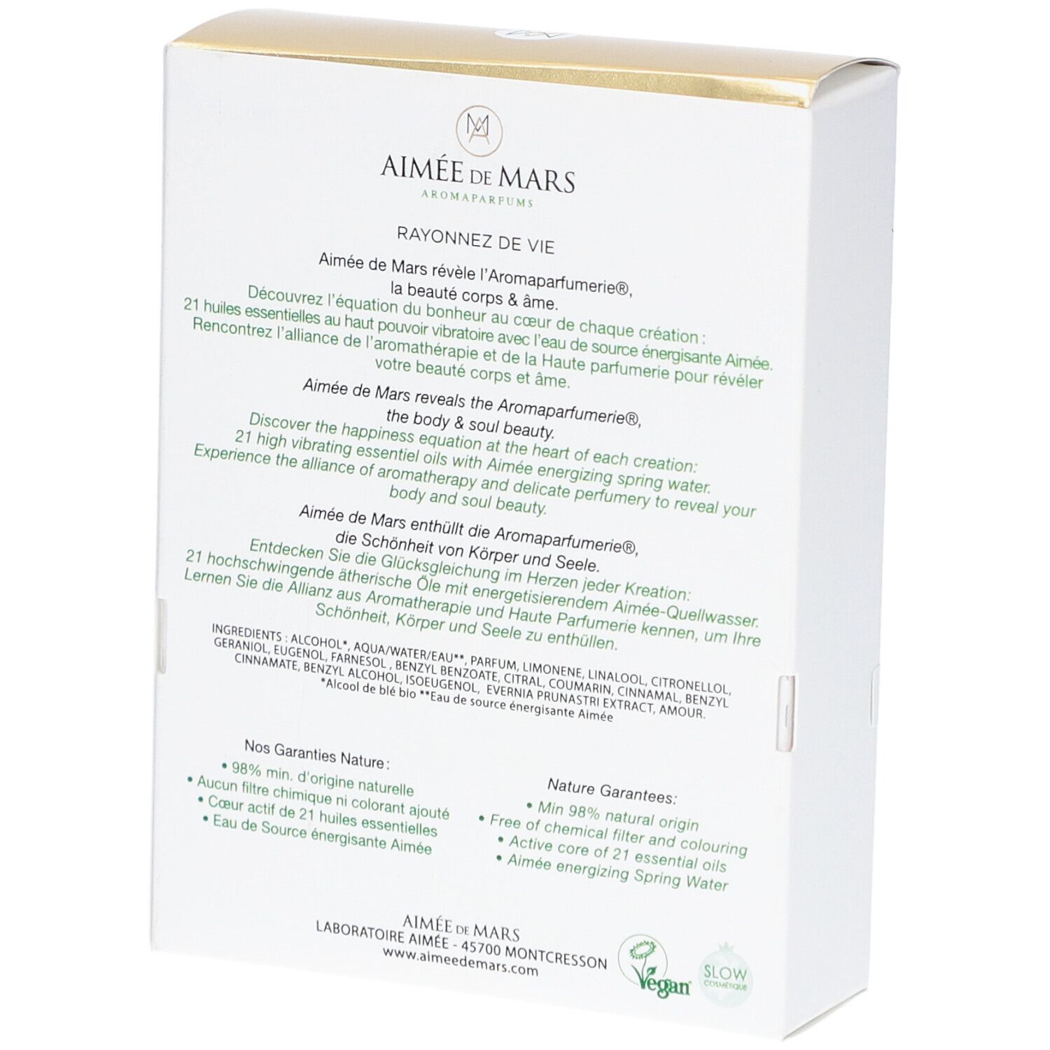 Achterkant van de witte doos. Tekst: Aimée de Mars, Eau de Parfum. Ingrediënten, garanties, veganistisch logo.