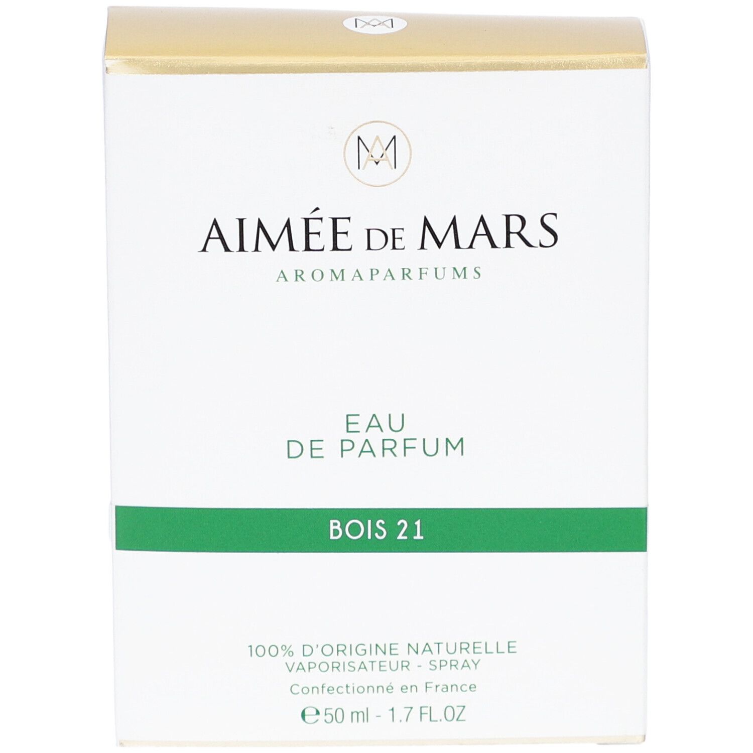 Witte doos met gouden bovenkant. Opschrift: Aimée de Mars, Eau de Parfum Bois 21. Groene lijn. 50 ml.