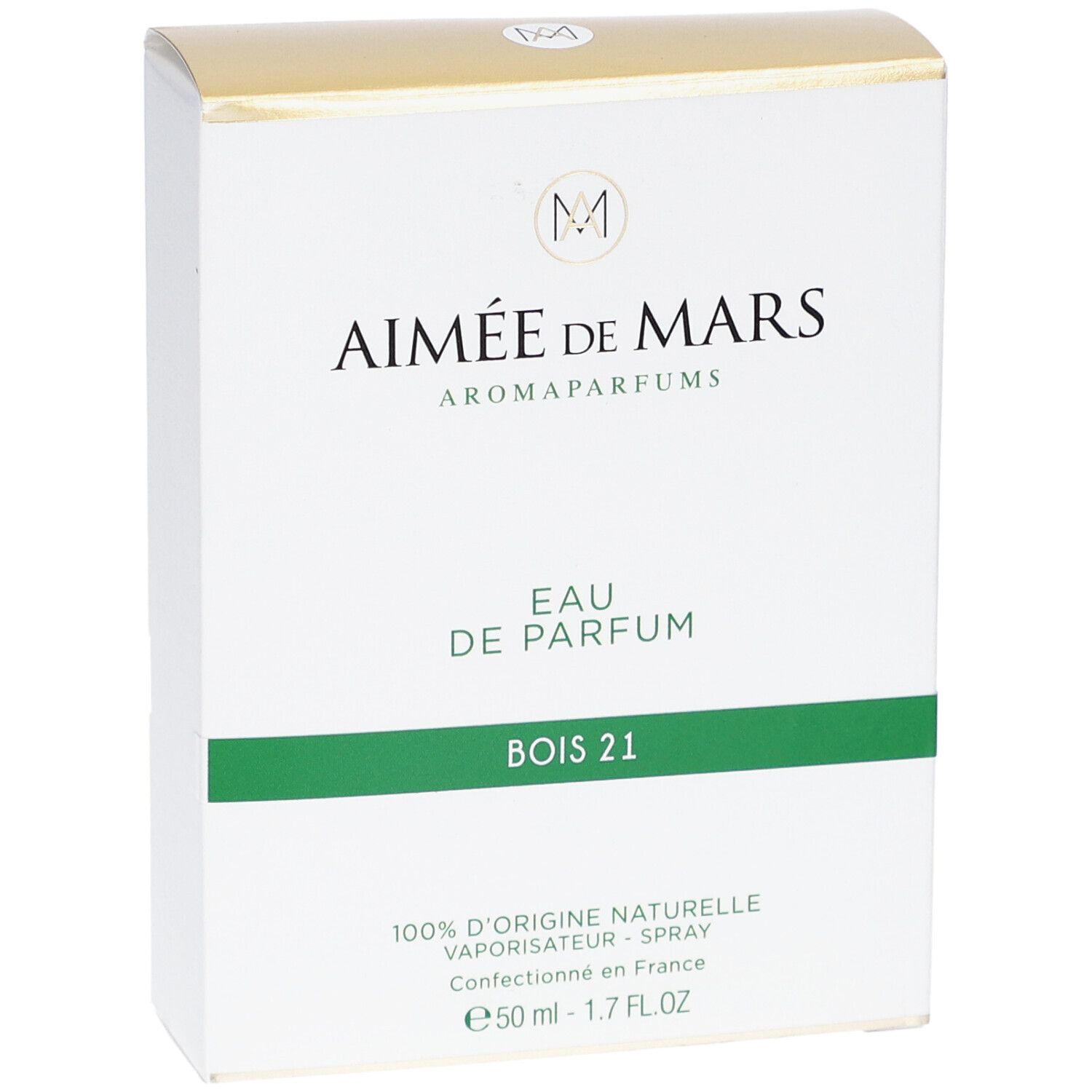Witte doos met gouden bovenkant. Opschrift: Aimée de Mars, Eau de Parfum Bois 21. Groene lijn. 50 ml.