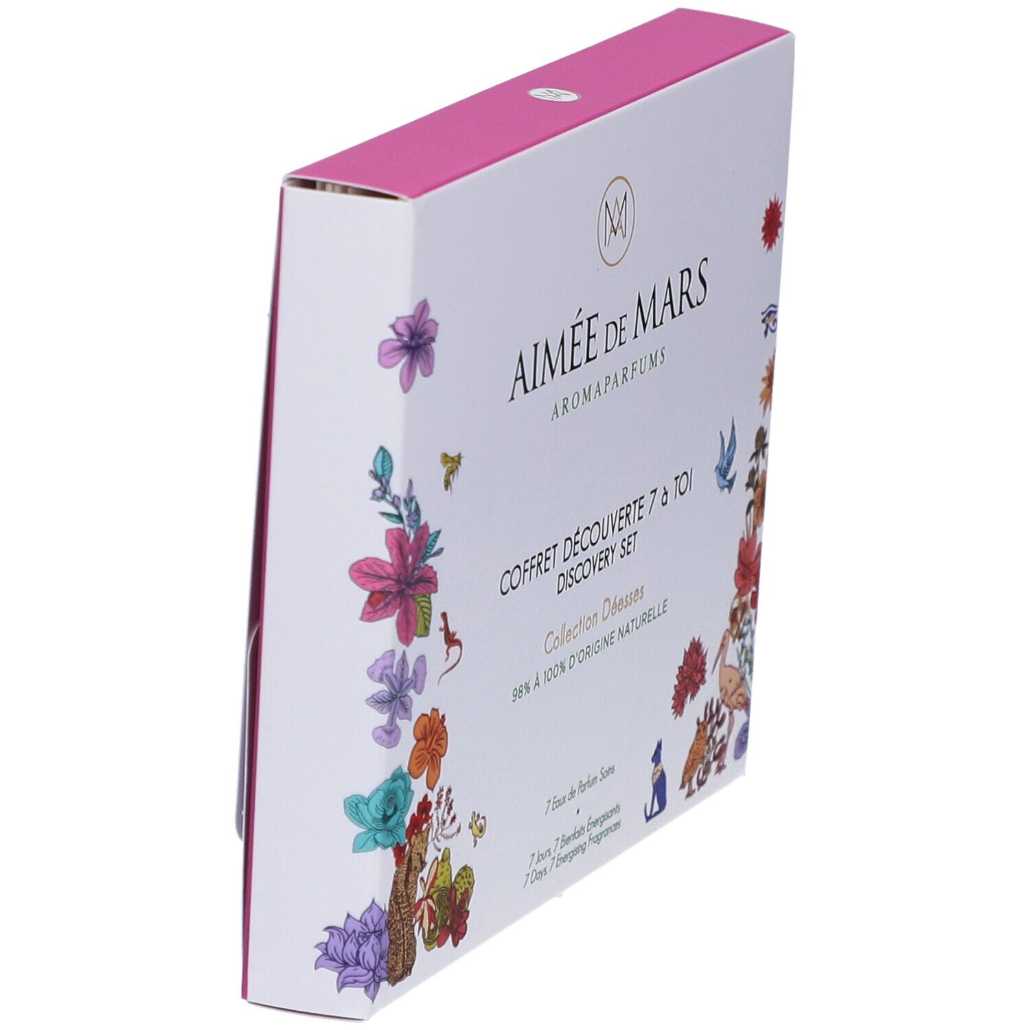Schuine weergave van een witte doos met bloemenillustraties. Tekst: Aimée de Mars, Coffret Découverte 7 à Toi.