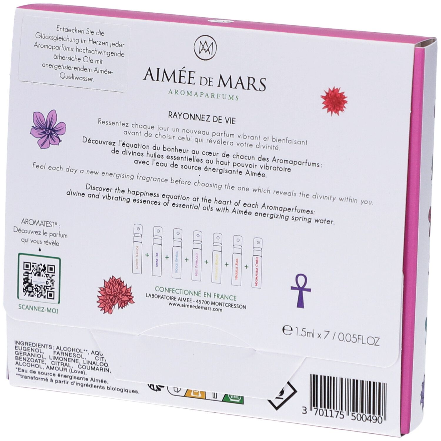 Achterkant van een witte doos met tekst en bloemenillustraties. Tekst: Aimée de Mars, Rayonnez de Vie, 7 x 1.5ml.
