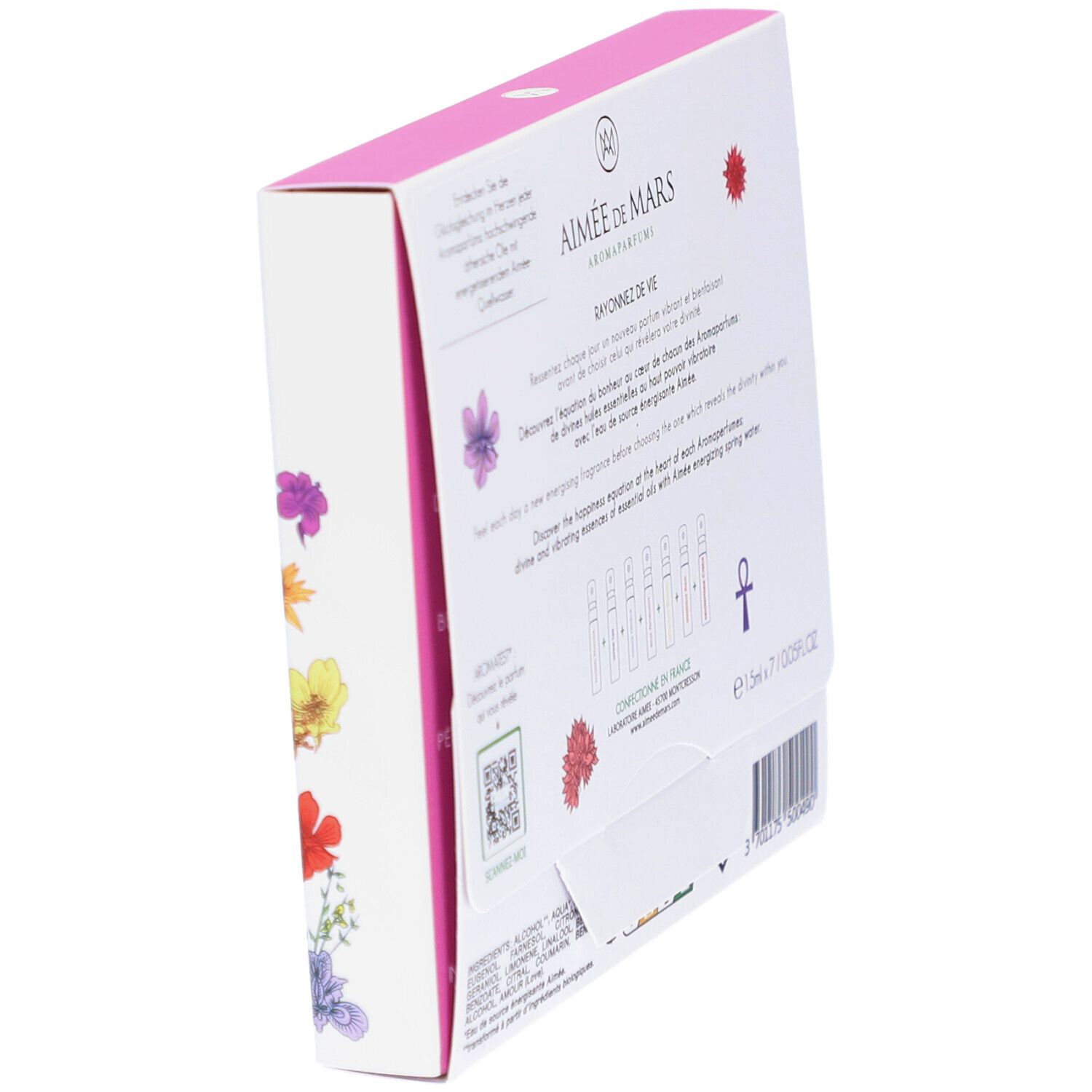 Schuine weergave van de achterkant van een witte doos met tekst en bloemenillustraties. Tekst: Aimée de Mars, Rayonnez de Vie.