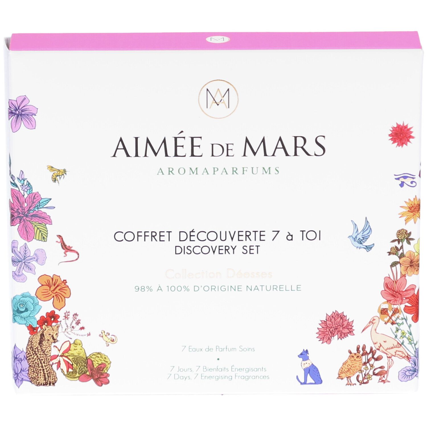 Witte doos met bloemenillustraties. Tekst: Aimée de Mars, Coffret Découverte 7 à Toi, Discovery Set.
