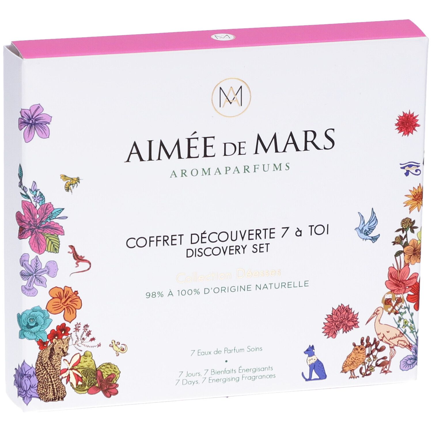 Witte doos met bloemenillustraties. Tekst: Aimée de Mars, Coffret Découverte 7 à Toi, Discovery Set.
