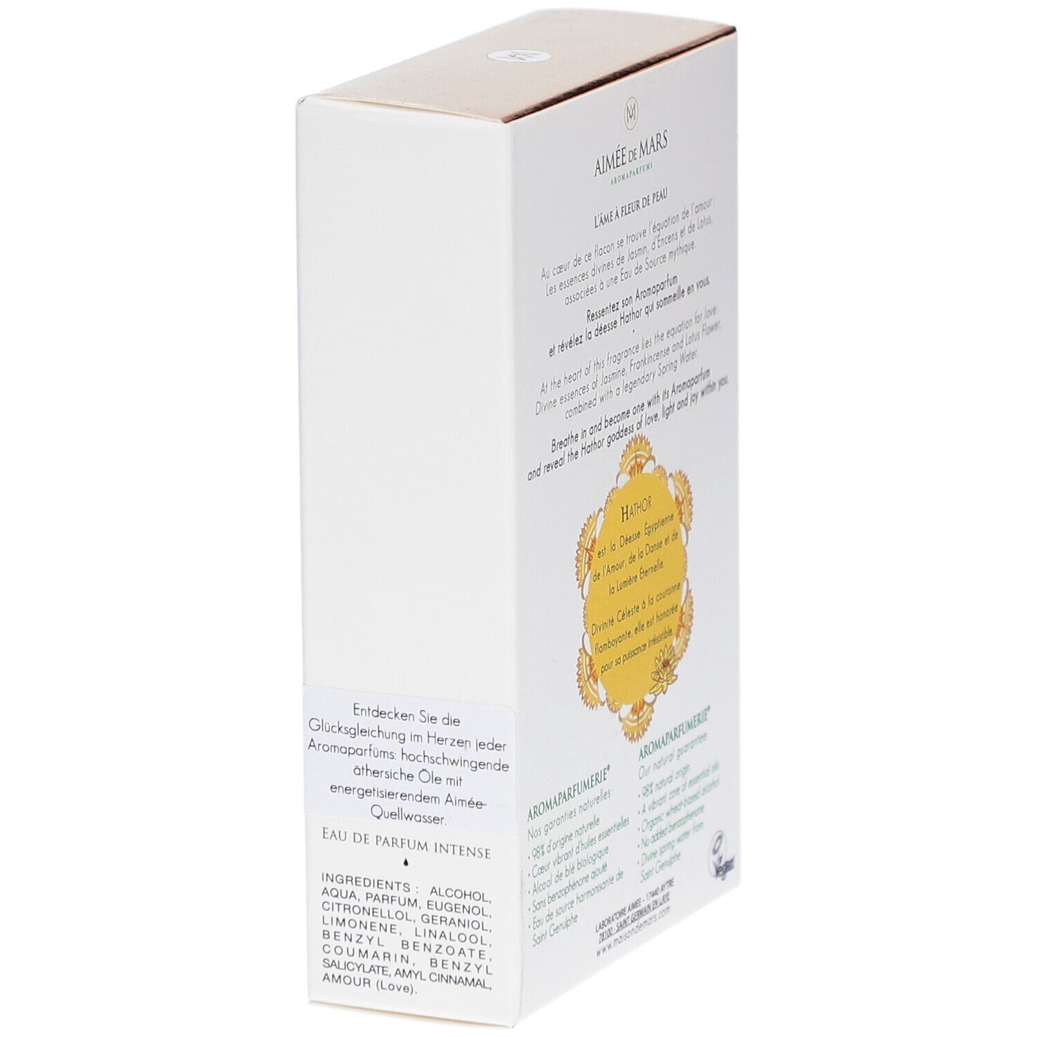 Aimée de Mars® Adorée Hathor Eau de Parfum doos. Tekst over ingrediënten en certificeringen.