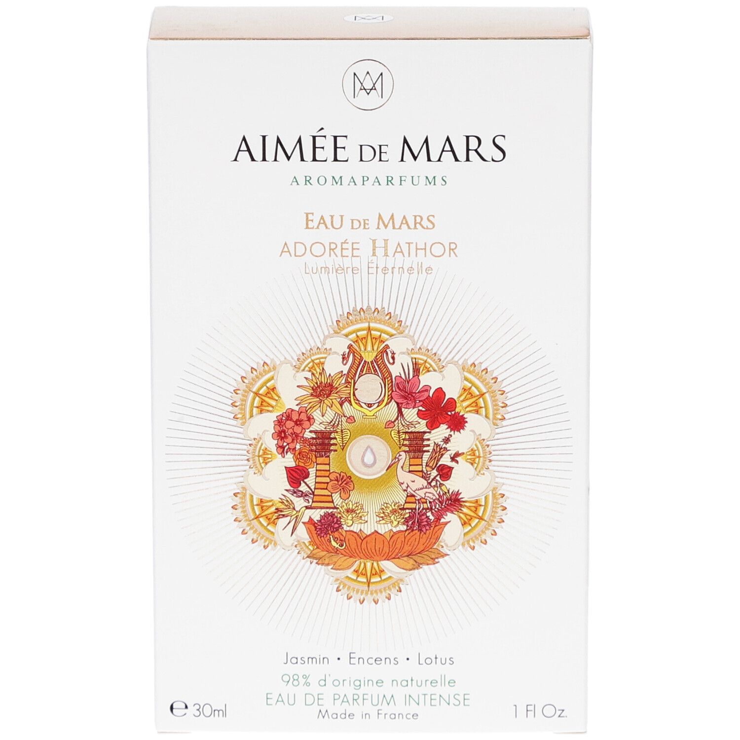 Aimée de Mars® Adorée Hathor Eau de Parfum. Witte doos met bloemenontwerp. 30ml, 1 fl oz.