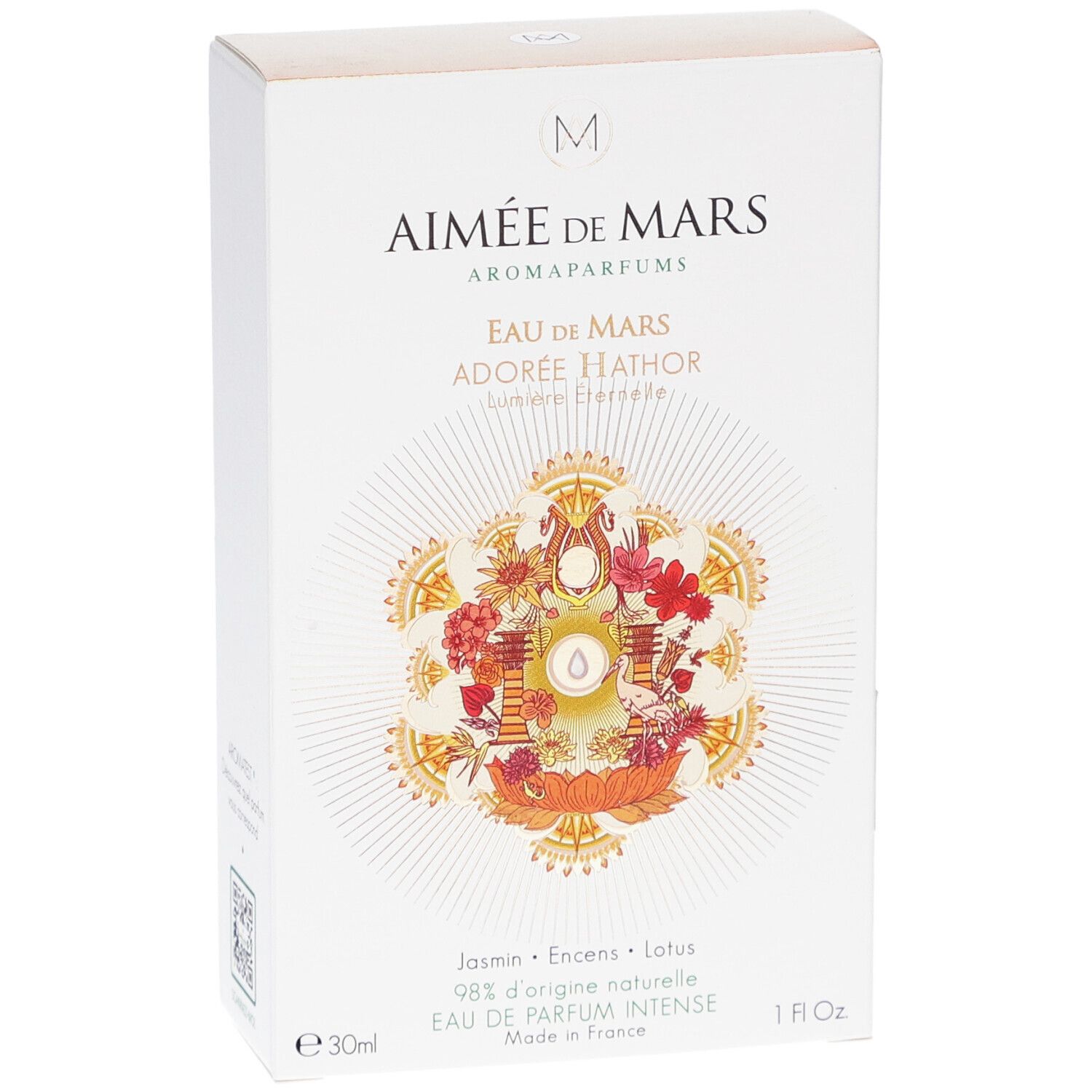 Aimée de Mars® Adorée Hathor Eau de Parfum. Witte doos met bloemenontwerp. 30ml, 1 fl oz.