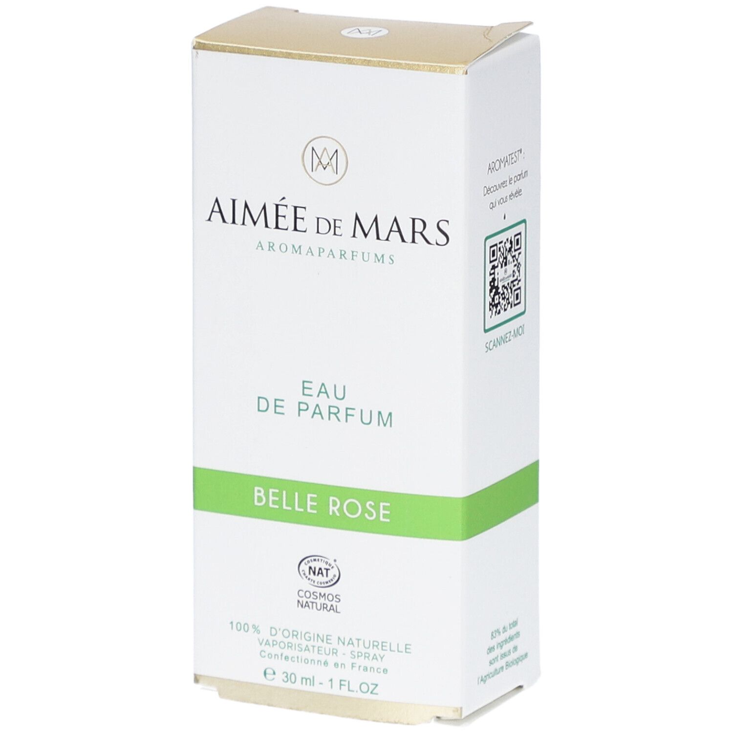 Verpakking Aimée de Mars Belle Rose Eau de Parfum. Wit met groene en gouden accenten. Tekst: Eau de Parfum, Belle Rose, Cosmos Natural.