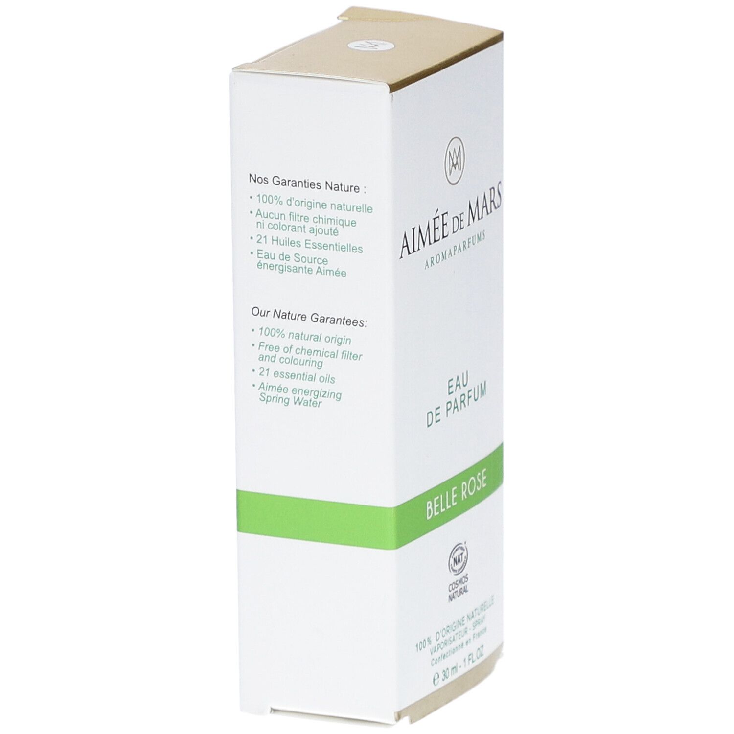 Zijaanzicht van de verpakking van Aimée de Mars Belle Rose. Wit met groene accenten. Tekst: Eau de Parfum, Belle Rose, Cosmos Natural. Ingrediënten.