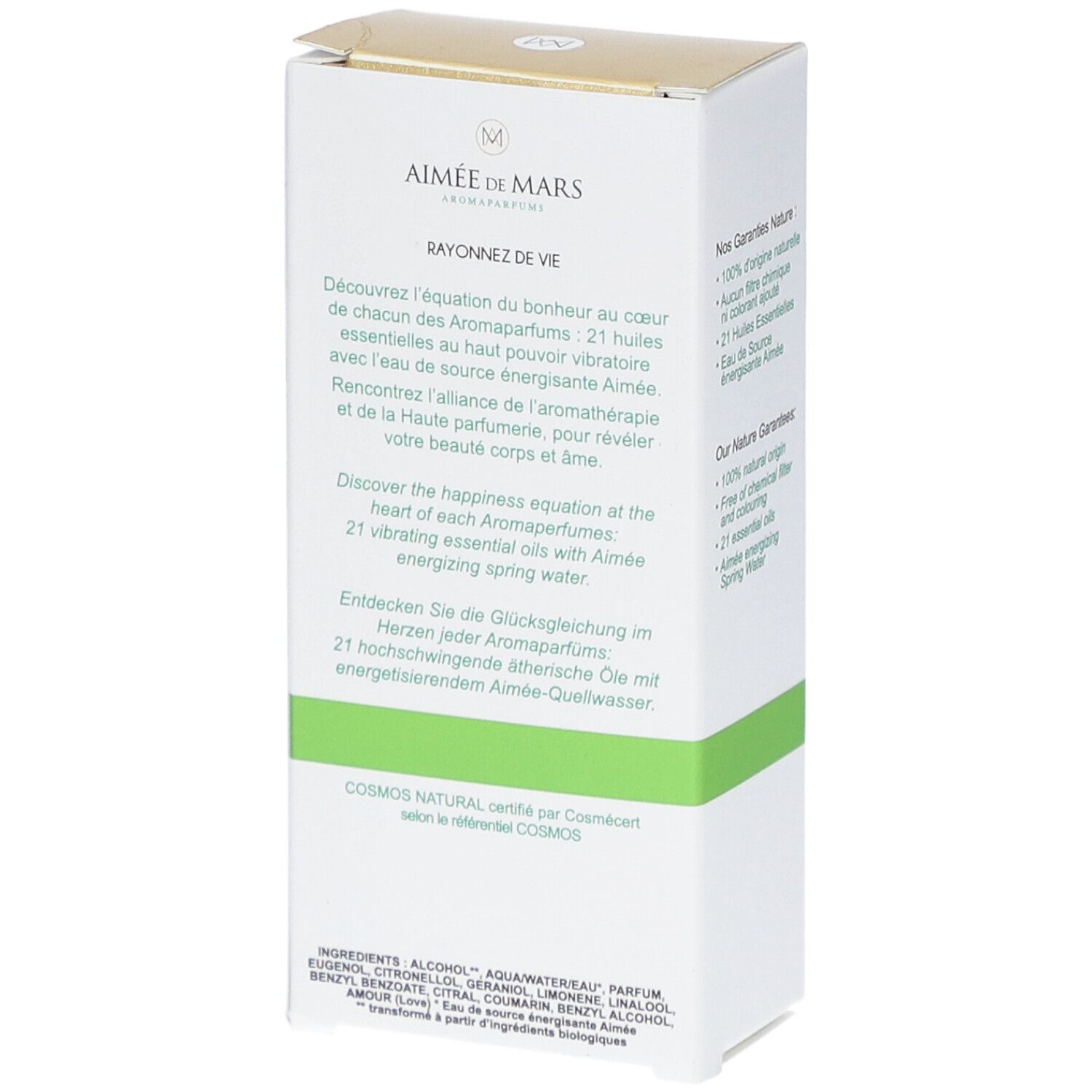 Achterkant van de verpakking van Aimée de Mars Belle Rose. Wit met groene accenten. Tekst: Ingrediënten, Cosmos Natural certificering.