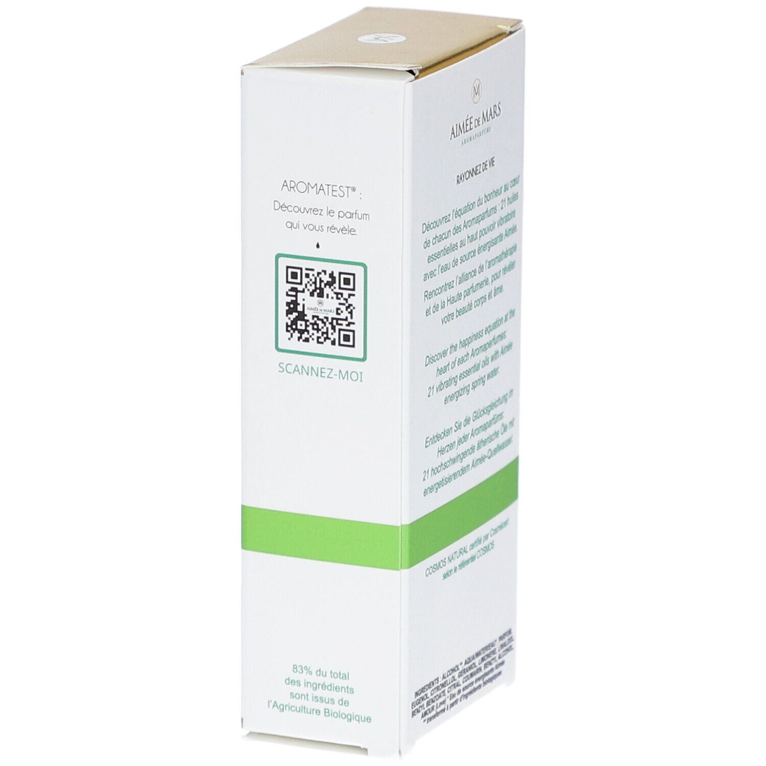 Zijaanzicht van de verpakking van Aimée de Mars Belle Rose. Wit met groene accenten. QR-code om te scannen. Tekst: Aromates.