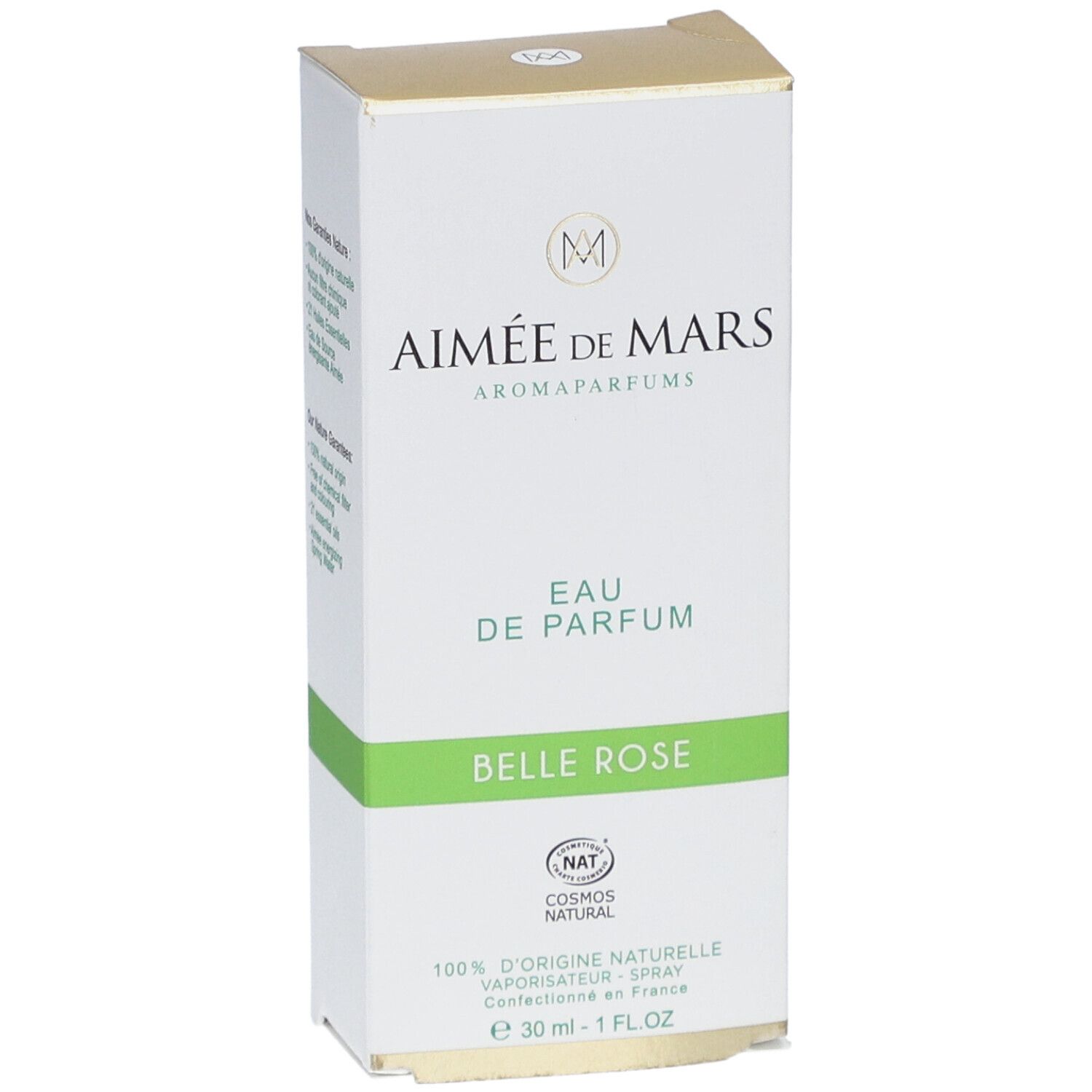 Vooraanzicht van de verpakking van Aimée de Mars Belle Rose. Wit met groene accenten. Tekst: Eau de Parfum, Belle Rose, Cosmos Natural.