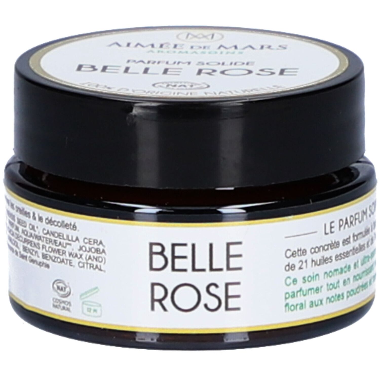 Ronde pot met zwarte deksel. Op het etiket staat "Belle Rose" en "Aimée de Mars".