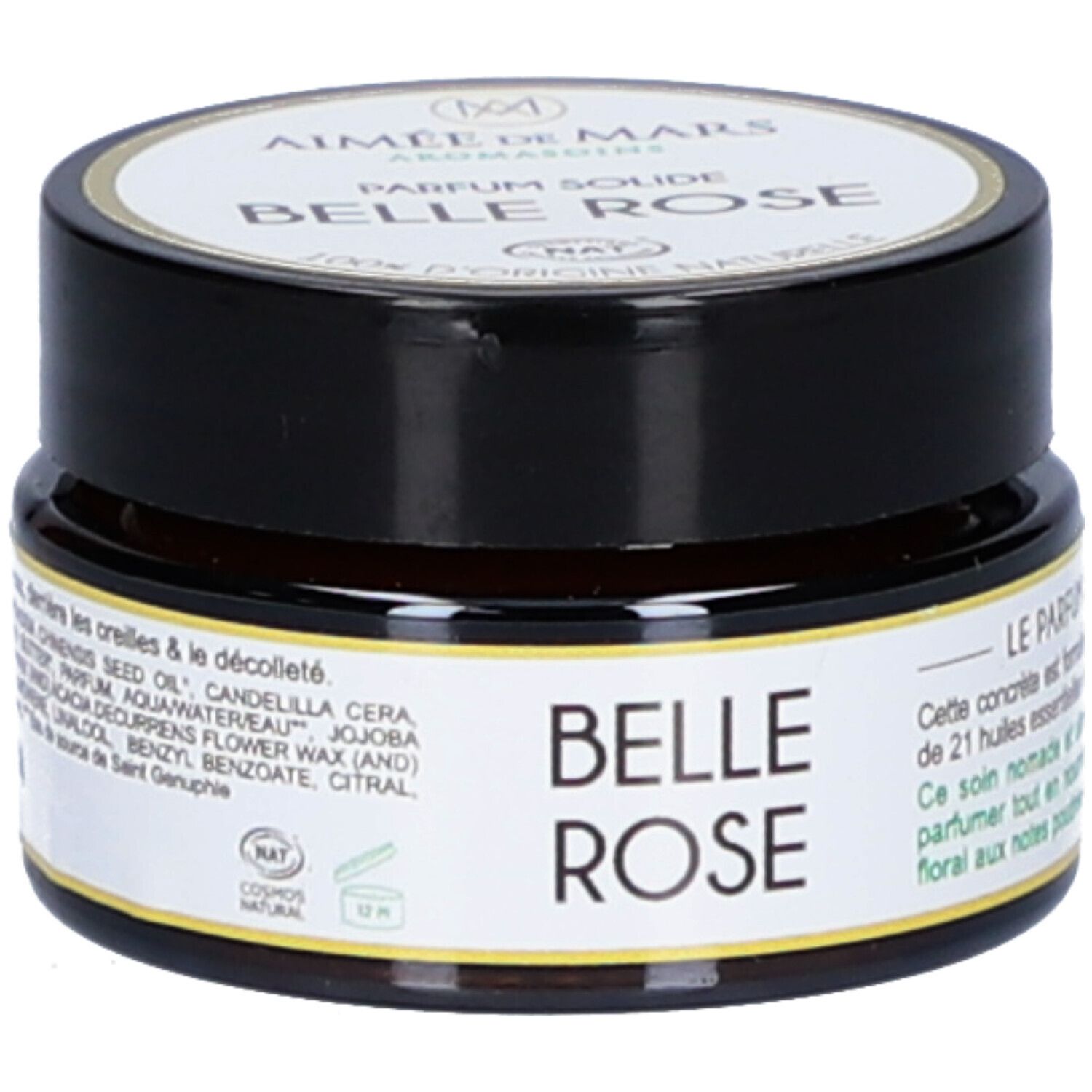 Ronde pot met zwarte deksel. Op het etiket staat "Belle Rose" en "Aimée de Mars".