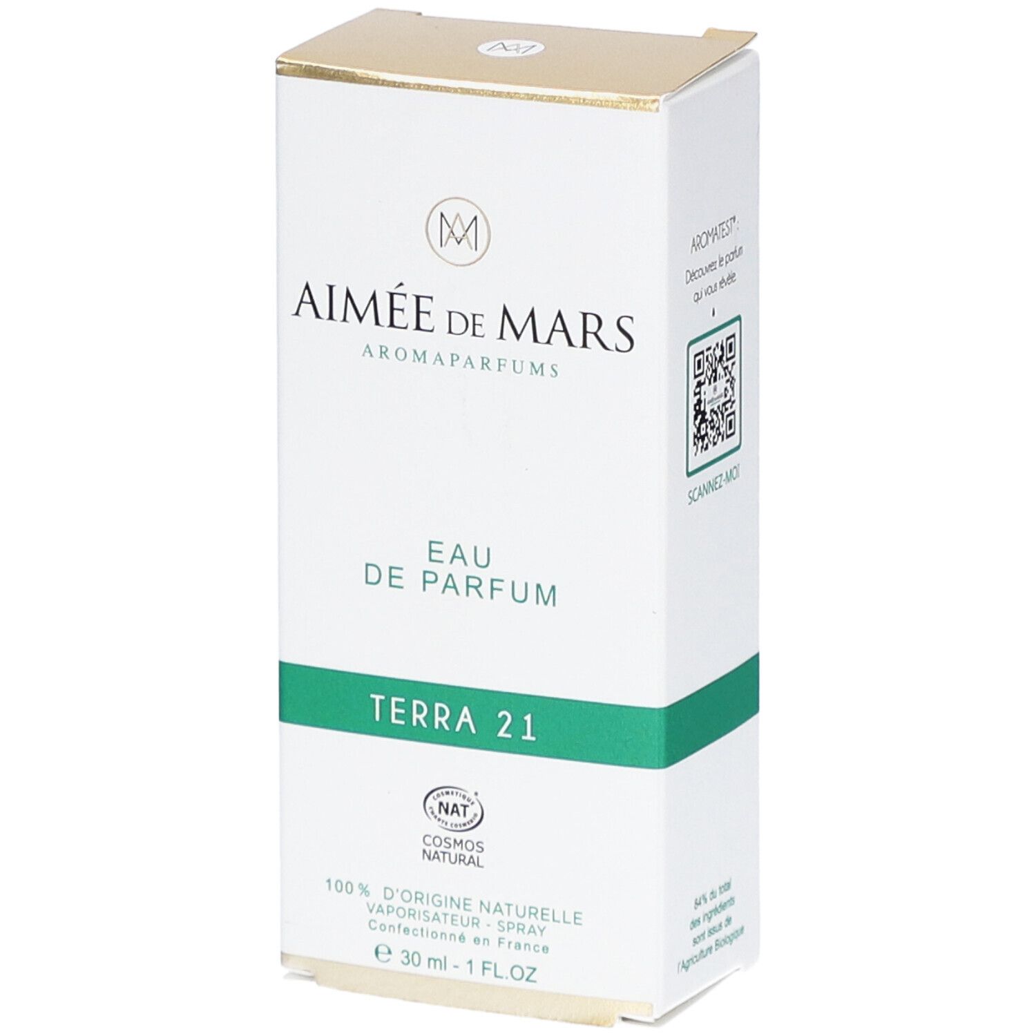 Witte doos met groene tekst "Aimée de Mars" en "Terra 21". "Eau de Parfum". NAT-certificering. QR code.