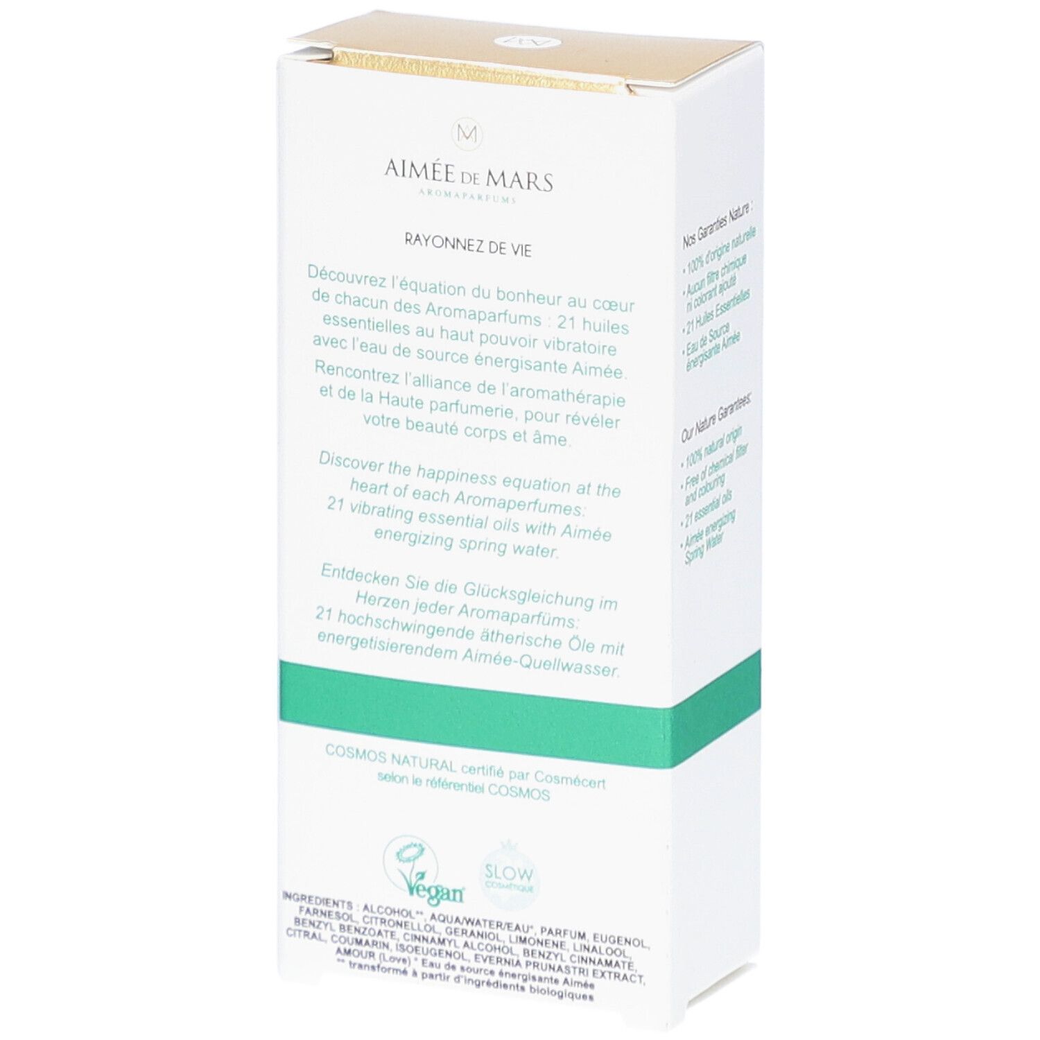 Achterkant van de witte doos. Tekst over het product en ingrediënten. "Cosmos Natural" certificering.