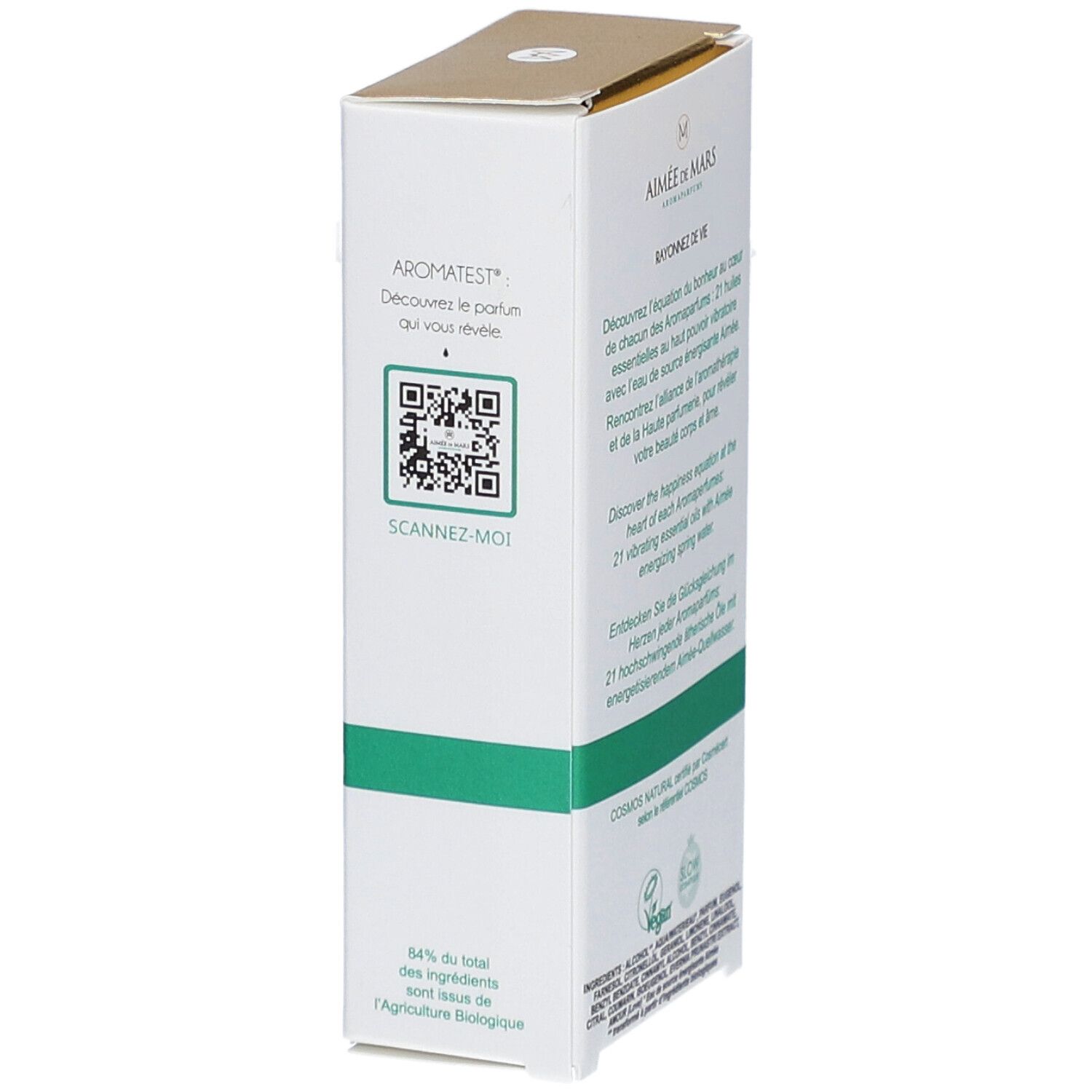 Zijkant van de witte doos. Tekst en QR code. "Aimée de Mars" en "Terra 21". "Cosmos Natural" certificering.