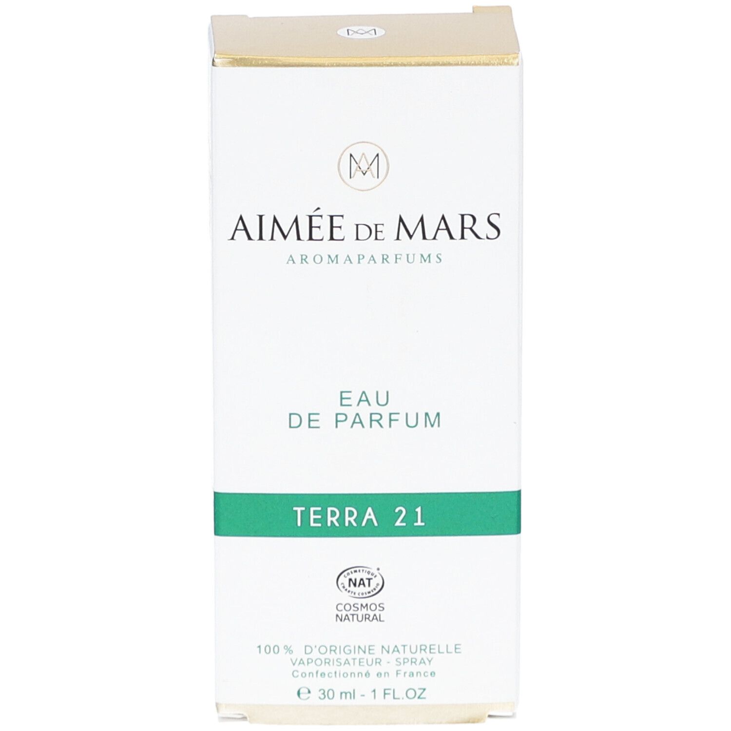 Witte doos met groene lijn. "Aimée de Mars" en "Terra 21". "Eau de Parfum". NAT-certificering.