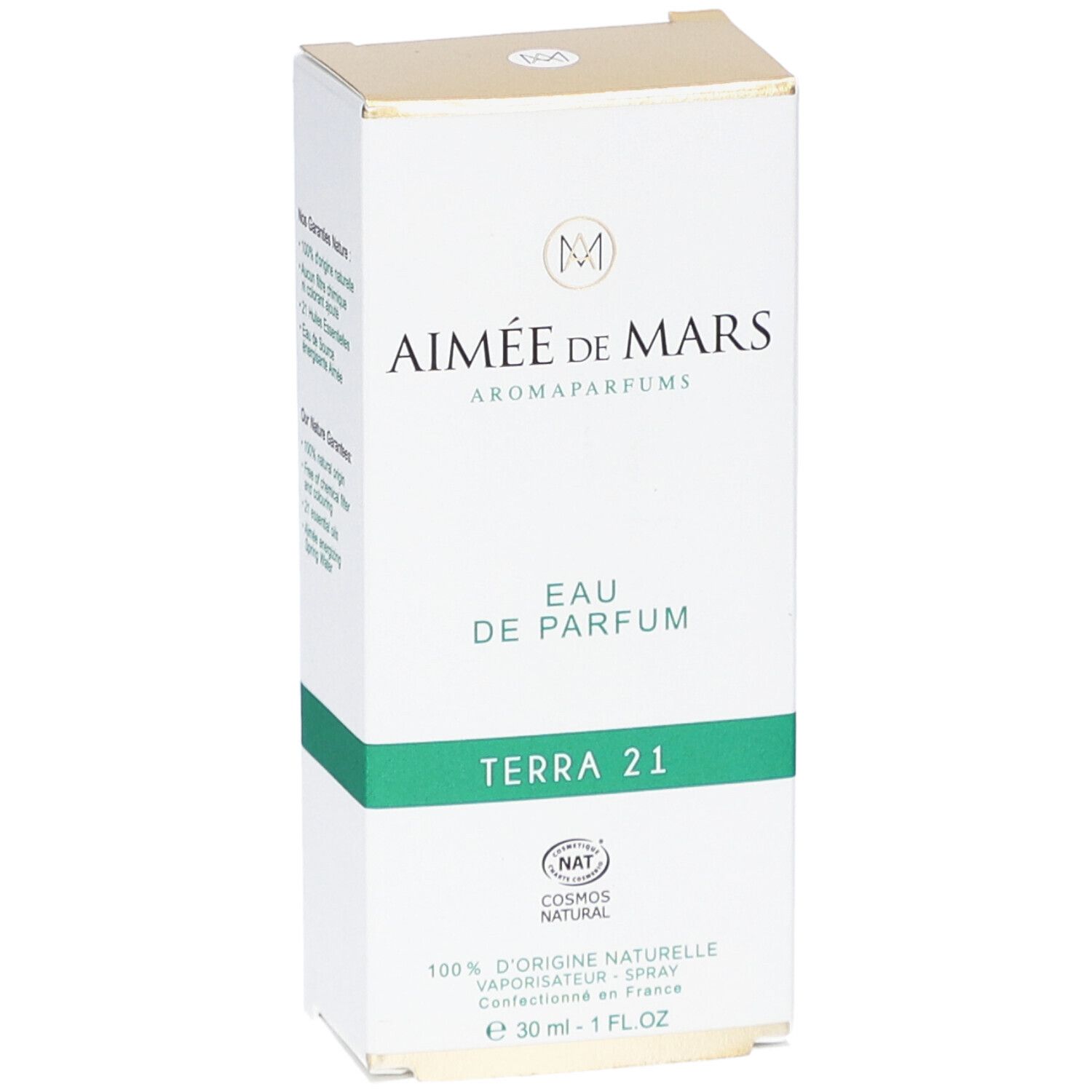 Witte doos met groene lijn. "Aimée de Mars" en "Terra 21". "Eau de Parfum". NAT-certificering.