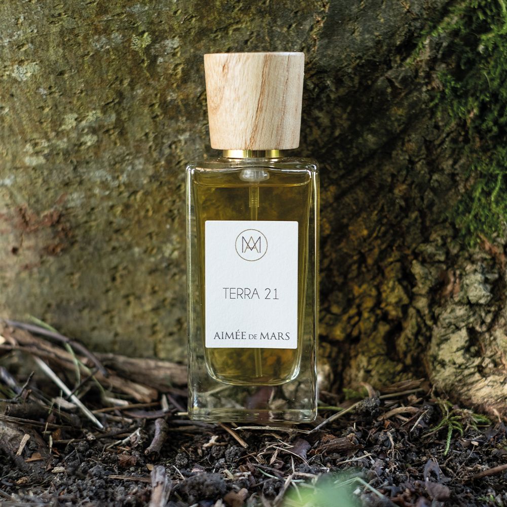 Glazen fles met houten dop voor boomstam. Label met tekst: Terra 21, Aimée de Mars.