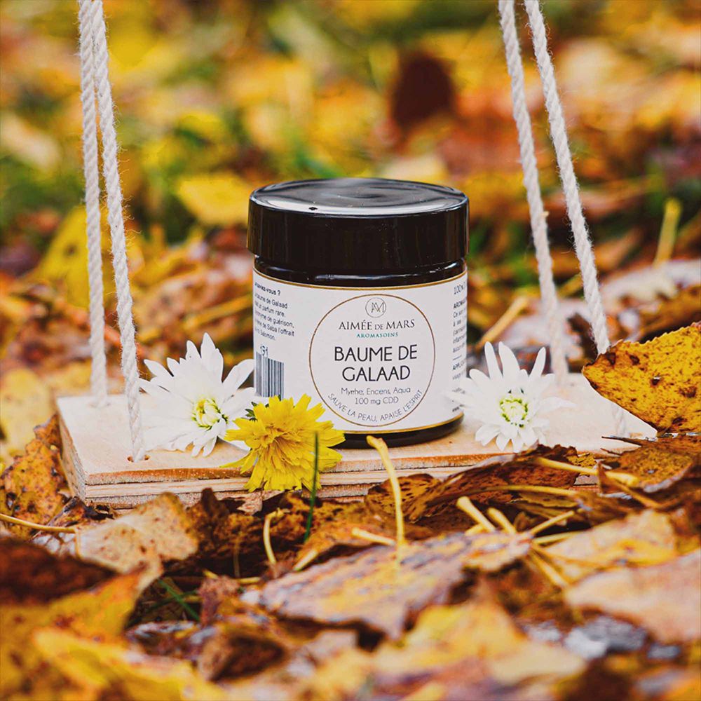 Pot op een kleine houten schommel, omringd door herfstbladeren en bloemen. Etiket: Baume de Galaad.