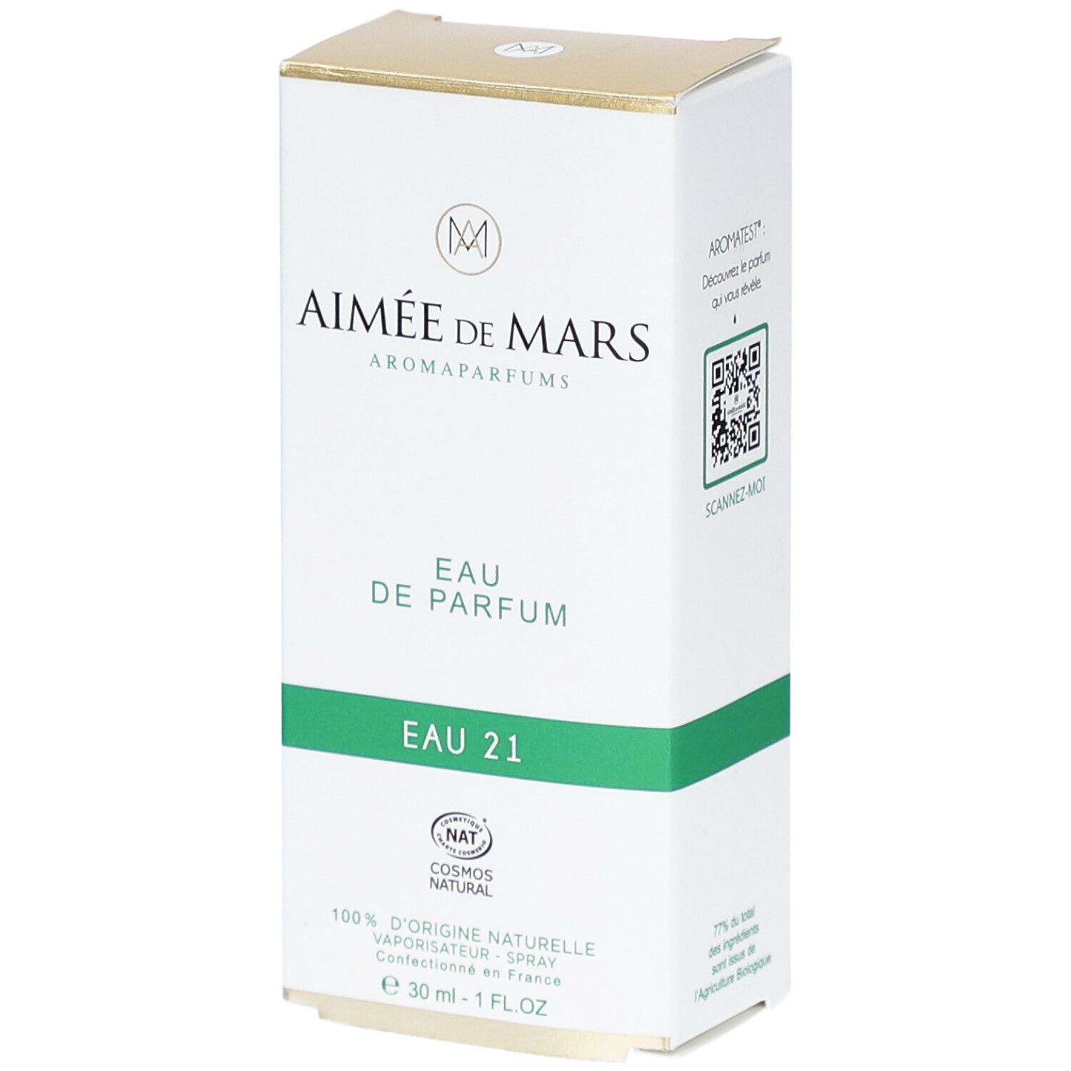 Verpakking Aimée de Mars® Eau 21 Eau de Parfum. Witte doos met groene en gouden accenten. Tekst en logo.