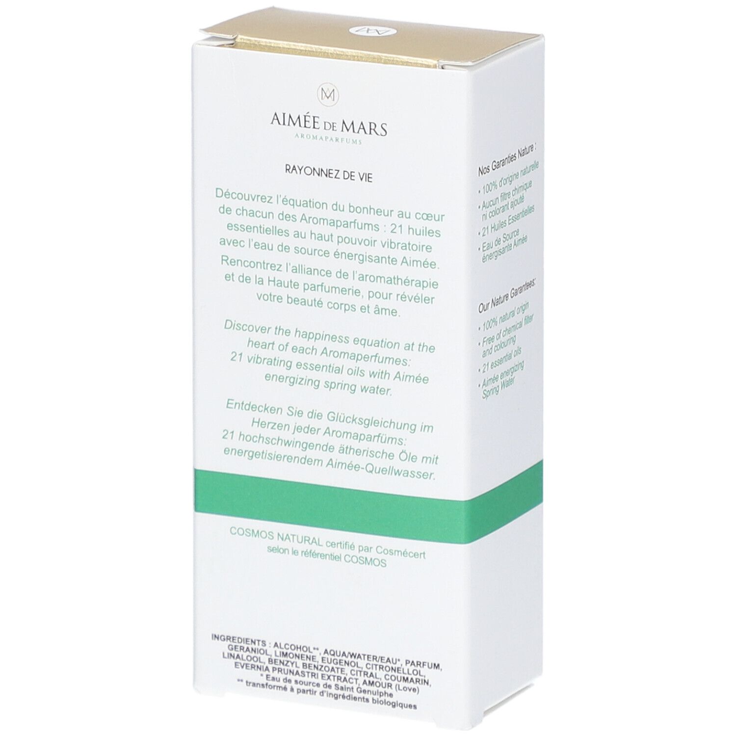 Achterkant van de verpakking Aimée de Mars® Eau 21 Eau de Parfum. Witte doos met tekst en logo.