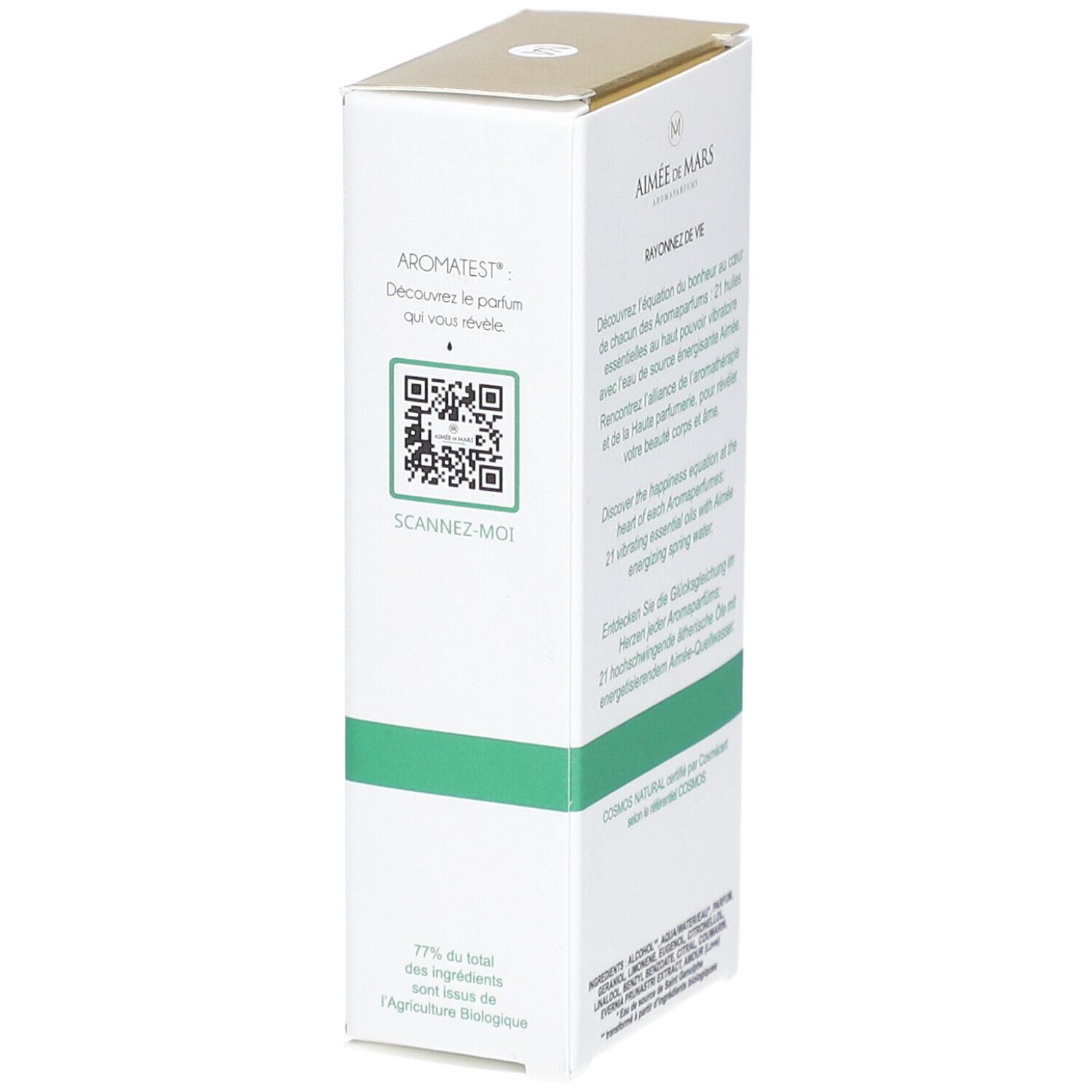 Zijkant van de verpakking Aimée de Mars® Eau 21 Eau de Parfum. Witte doos met QR-code en tekst.