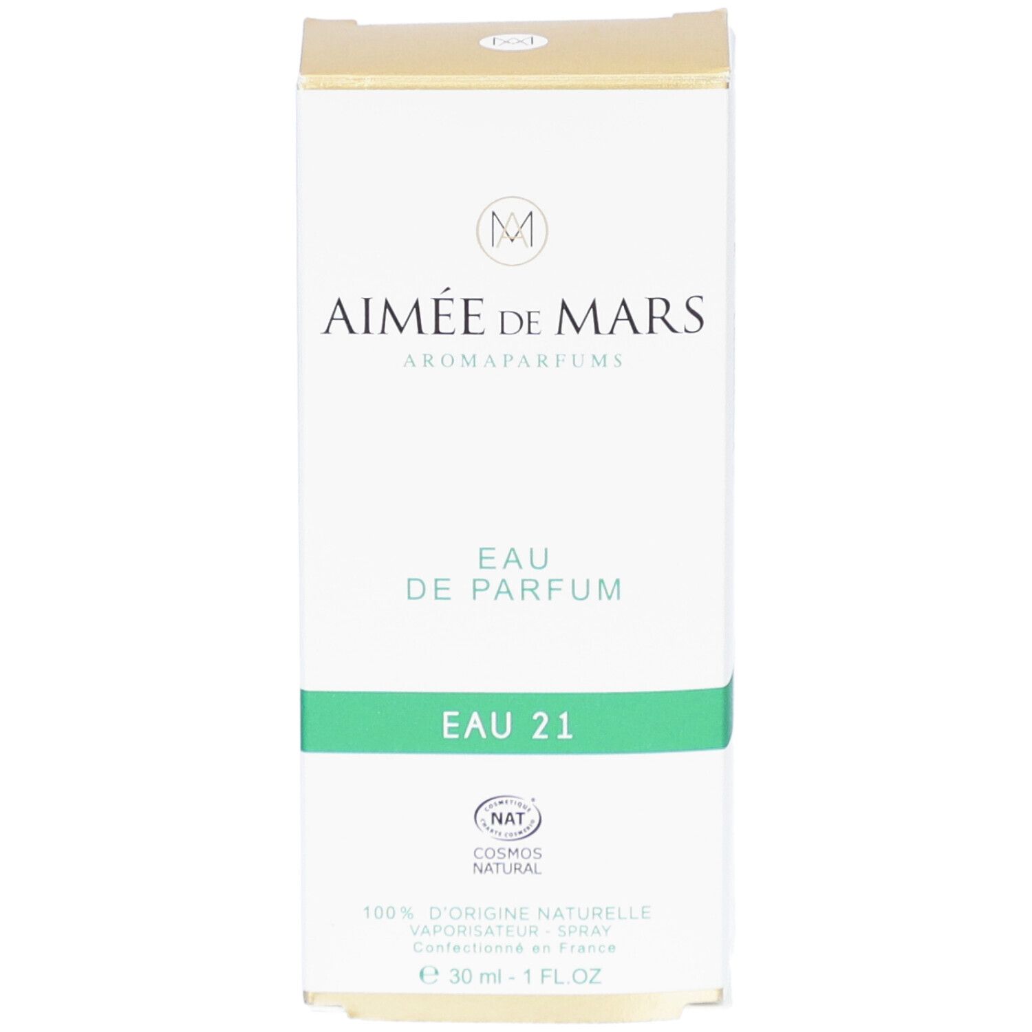 Vooraanzicht van de verpakking Aimée de Mars® Eau 21 Eau de Parfum. Witte doos met tekst en logo.