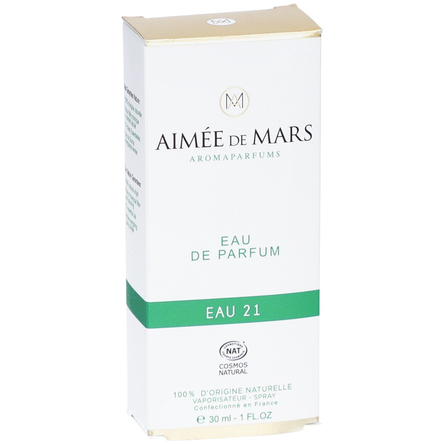 Vooraanzicht van de verpakking Aimée de Mars® Eau 21 Eau de Parfum. Witte doos met tekst en logo.