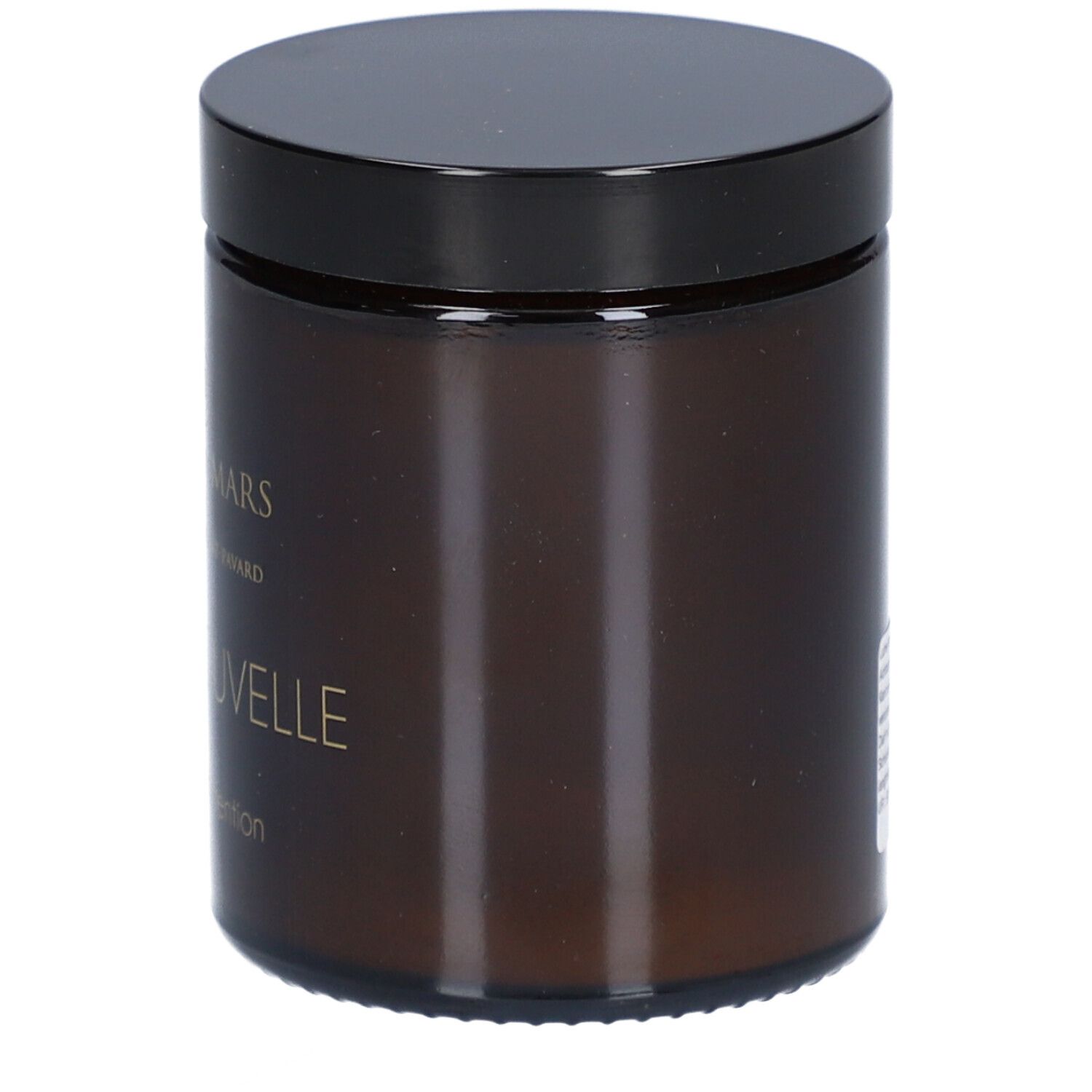 Bruine glazen pot met zwarte deksel. Opschrift: AIMÉE DE MARS x Catherine Saurat-Pavard, Lune Nouvelle, Bougie d'intention.