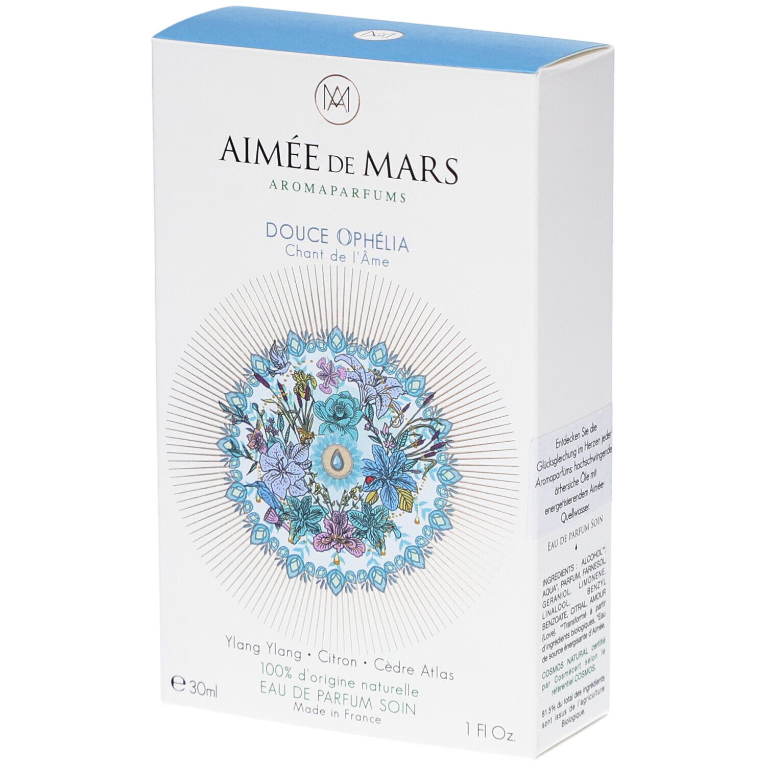 Witte doos met productnaam en bloemmotief. Tekst: Douce Ophélia, Eau de Parfum. Merk: Aimée de Mars.