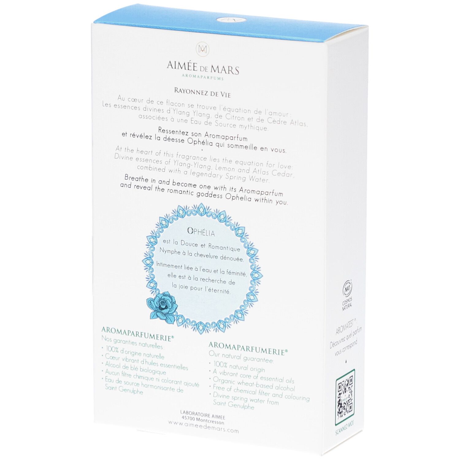 Achterkant van de witte doos. Tekst: Douce Ophélia, Aromaparfumerie, Cosmos Natural. Bloemmotief. Merk: Aimée de Mars.