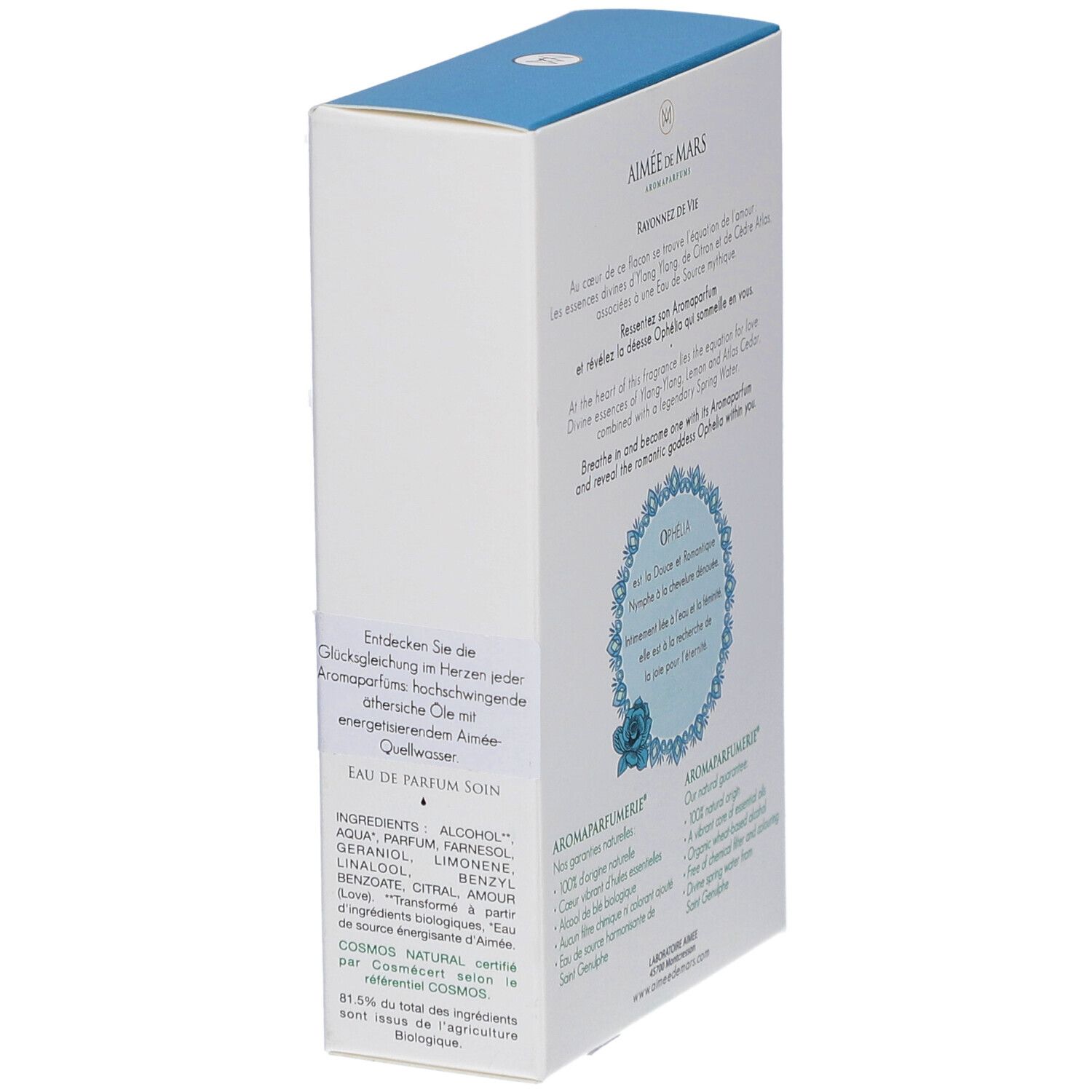 Zijkant van de witte doos met tekst. Tekst: Douce Ophélia, Eau de Parfum Soin, Cosmos Natural. Merk: Aimée de Mars.