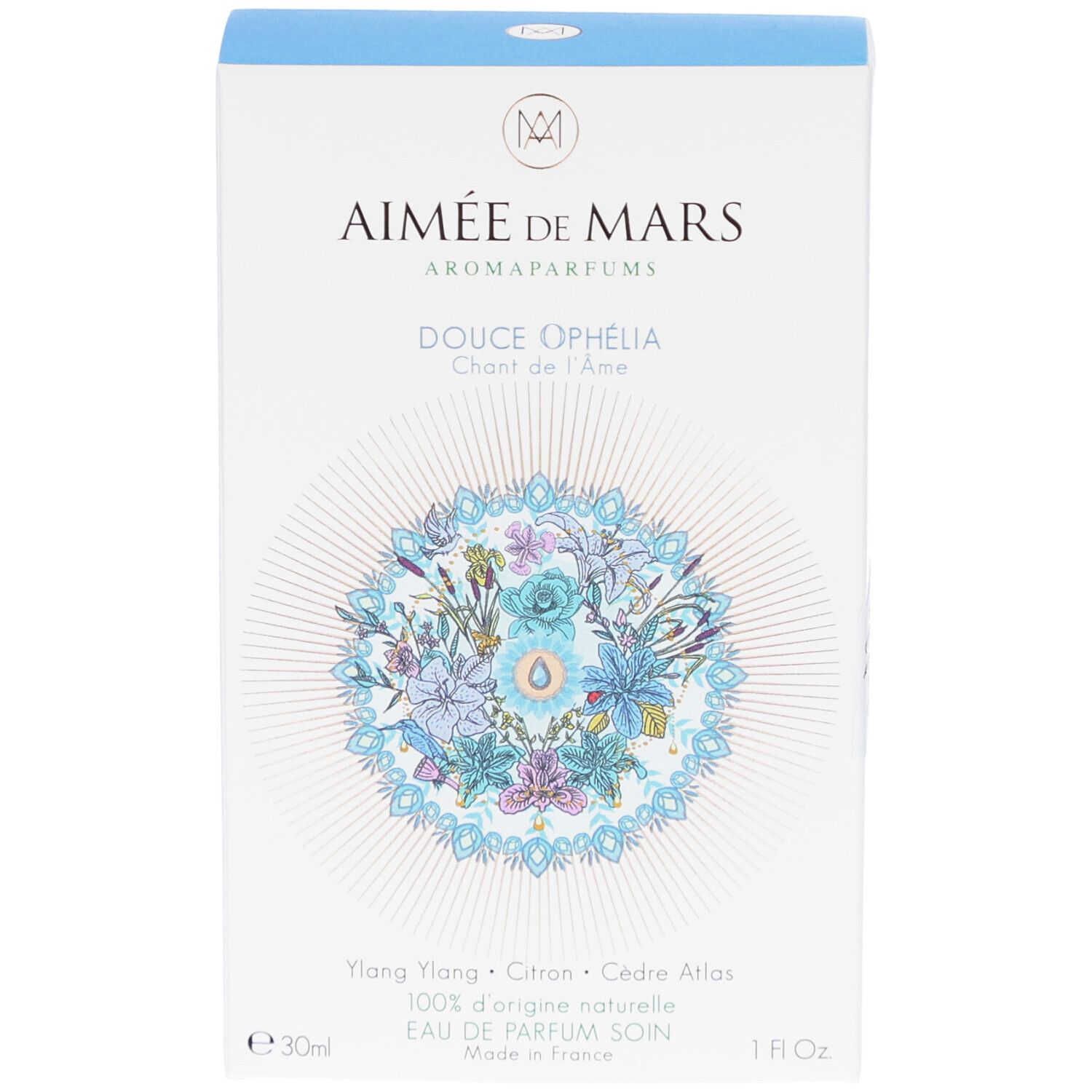 Witte doos met productnaam en bloemmotief. Tekst: Douce Ophélia, Eau de Parfum. Merk: Aimée de Mars.