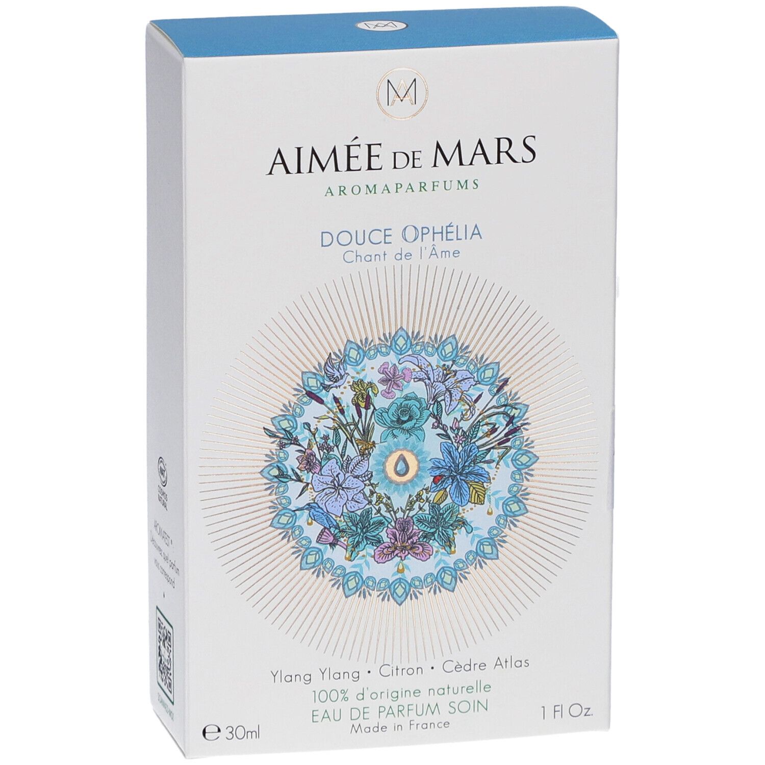Witte doos met productnaam en bloemmotief. Tekst: Douce Ophélia, Eau de Parfum. Merk: Aimée de Mars.