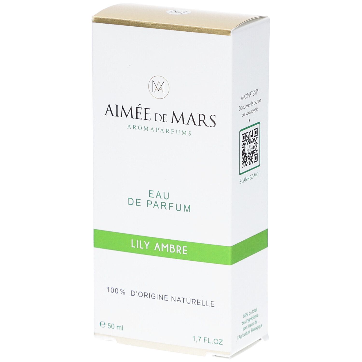 Witte doos met gouden bovenkant. Opschrift: Aimée de Mars, Eau de Parfum, Lily Ambre. 100% natuurlijke oorsprong. 50 ml, 1,7 FL.OZ.