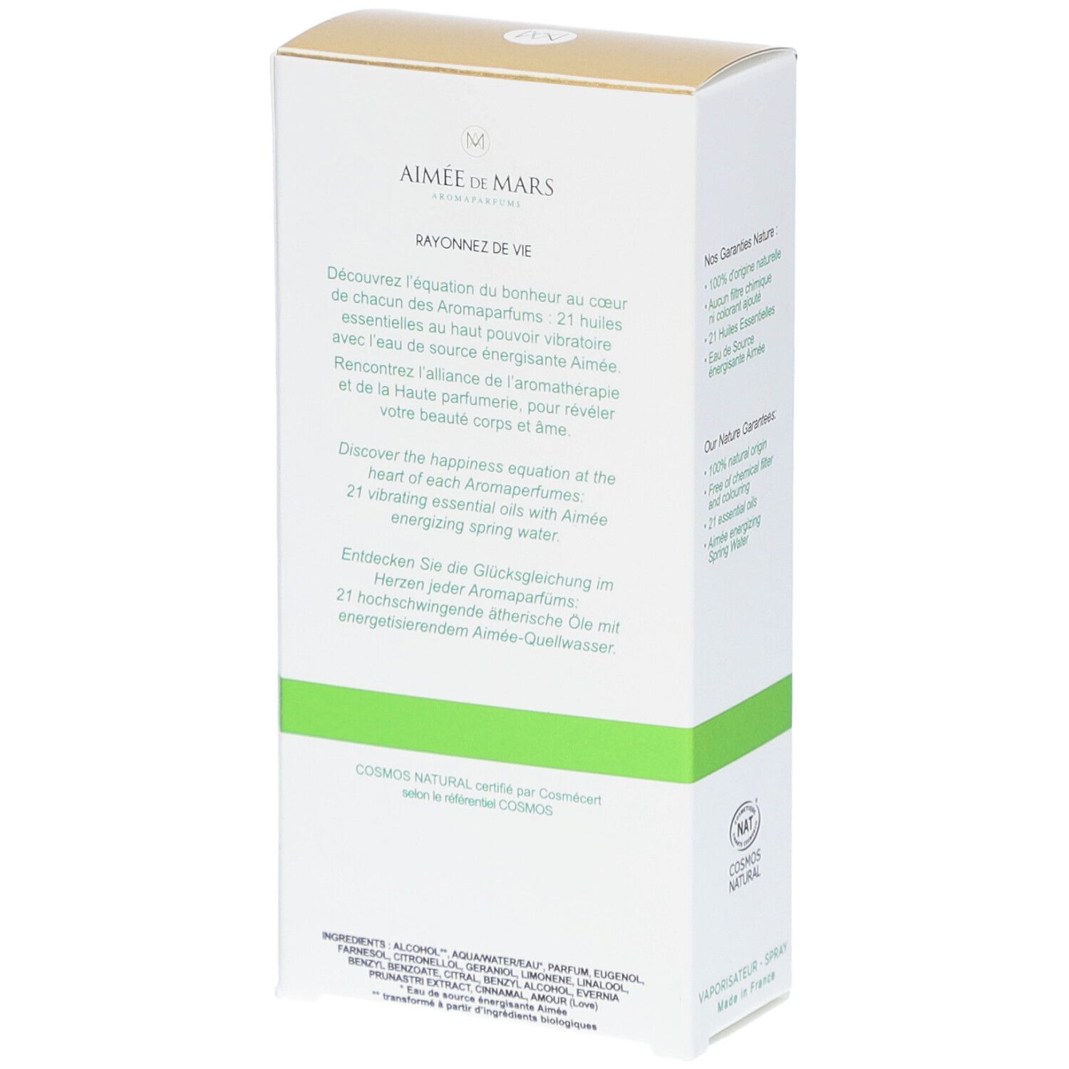 Witte doos met gouden bovenkant. Tekst: Rayonnez de Vie. Ingrediënten en Cosmos Natural certificering.