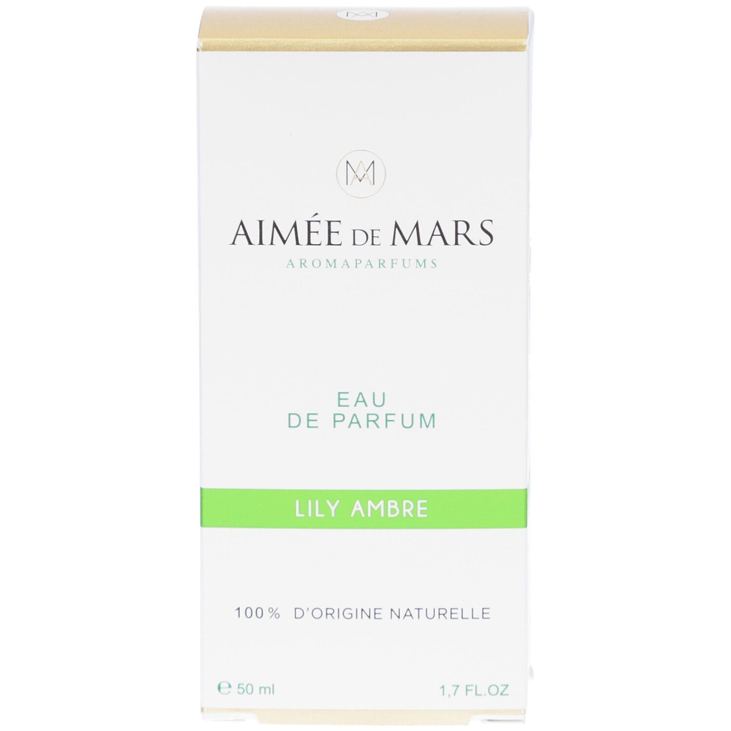 Witte doos met gouden bovenkant. Opschrift: Aimée de Mars, Eau de Parfum, Lily Ambre. 100% natuurlijke oorsprong. 50 ml, 1,7 FL.OZ.