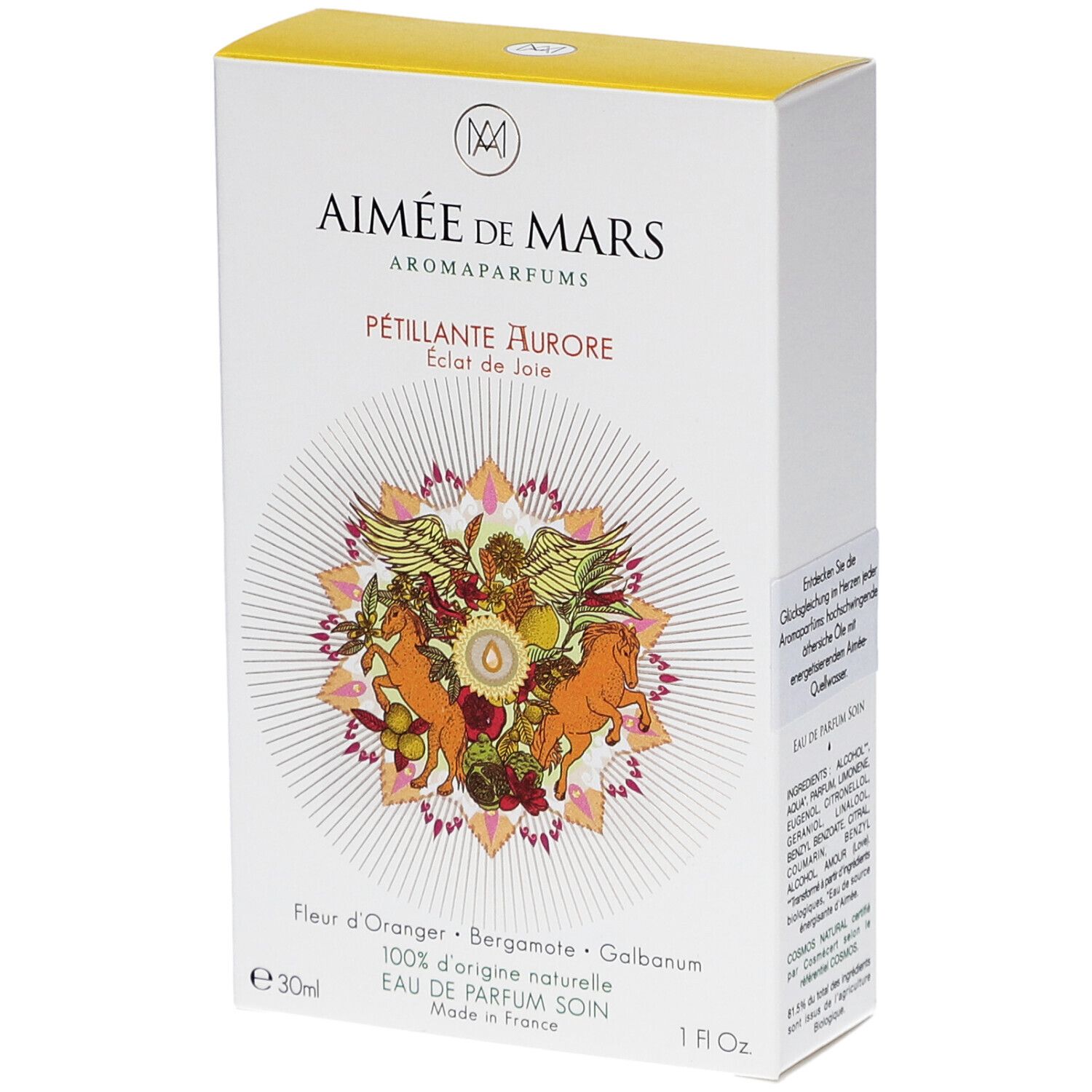Verpakking van Aimée de Mars® Sparkling Aurore Eau de Parfum. Wit met gele deksel. Bloemendesign en productnaam.