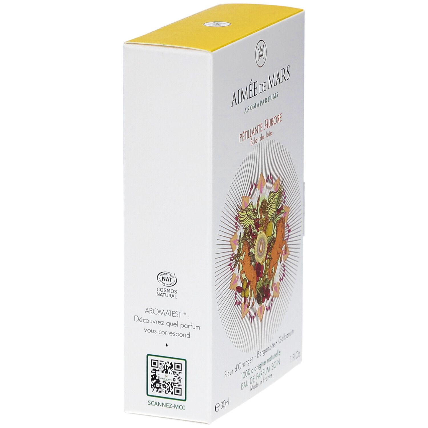 Zijkant van de verpakking van Aimée de Mars® Sparkling Aurore. Tekst, QR-code en NAT-certificering.