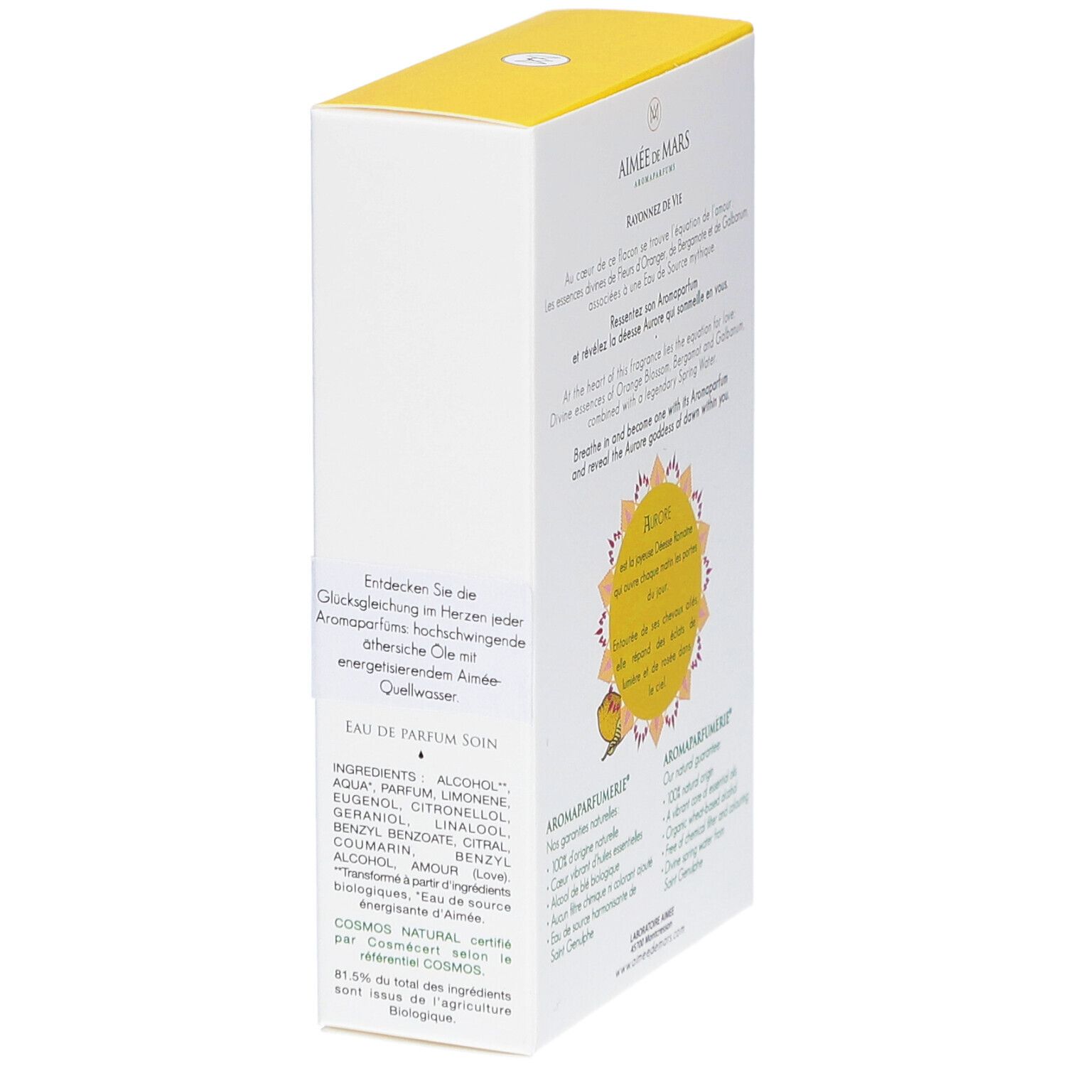 Zijkant van de verpakking van Aimée de Mars® Sparkling Aurore Eau de Parfum. Tekst en ingrediënten.