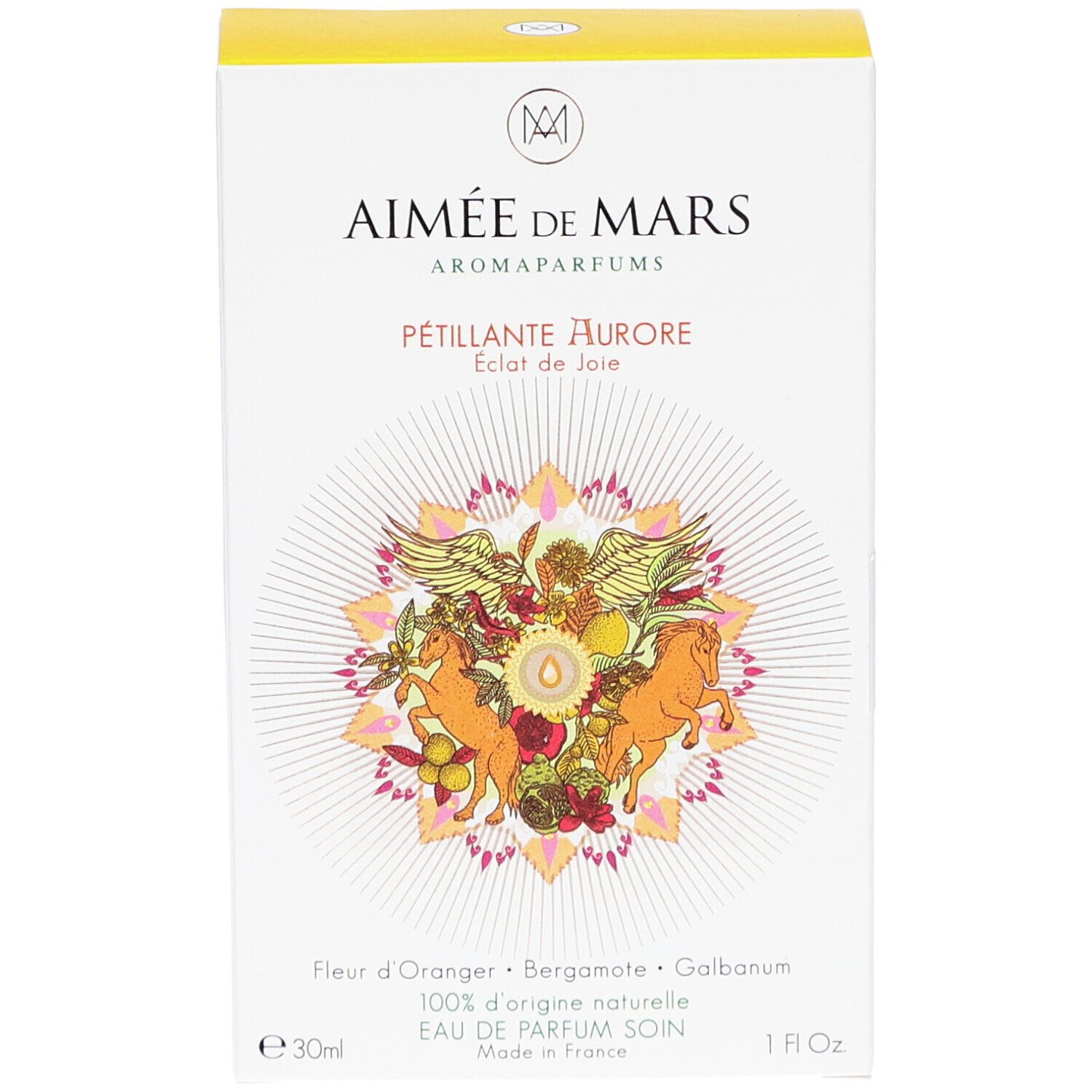 Verpakking van Aimée de Mars® Sparkling Aurore Eau de Parfum. Vooraanzicht met bloemendesign en productnaam.